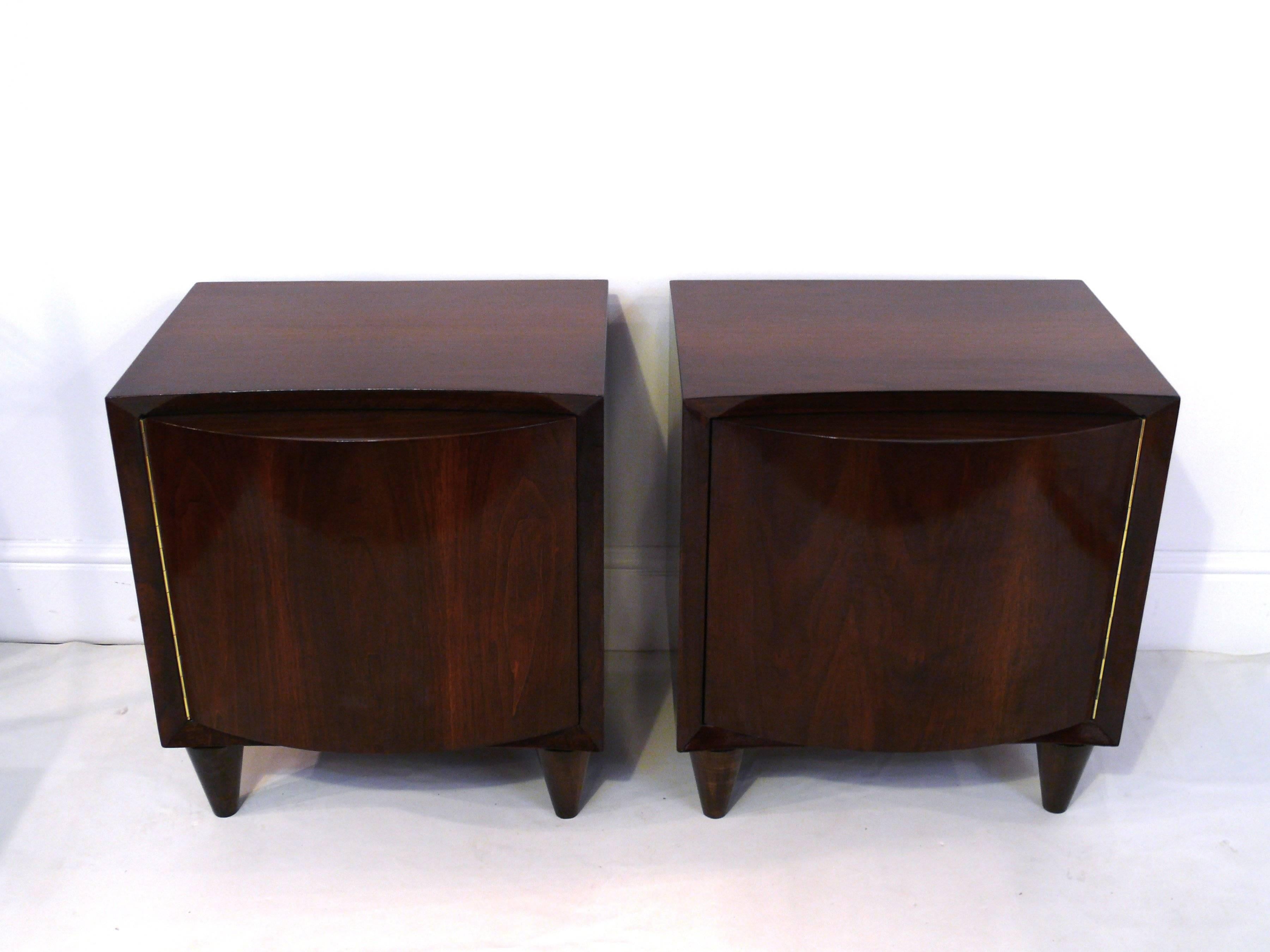 Mid-Century Modern Pair of Modernage Bow Front Walnut End Tables