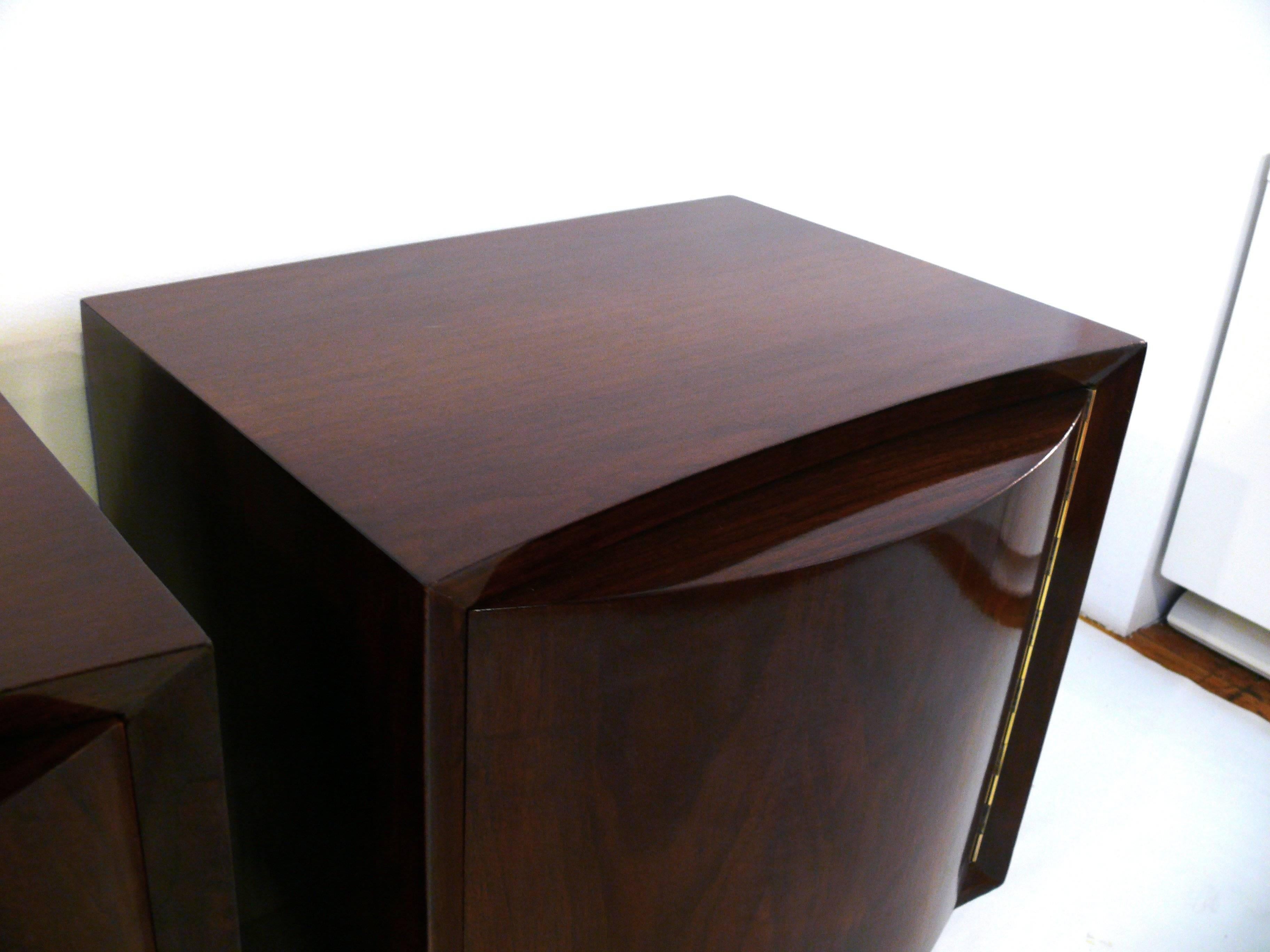 American Pair of Modernage Bow Front Walnut End Tables