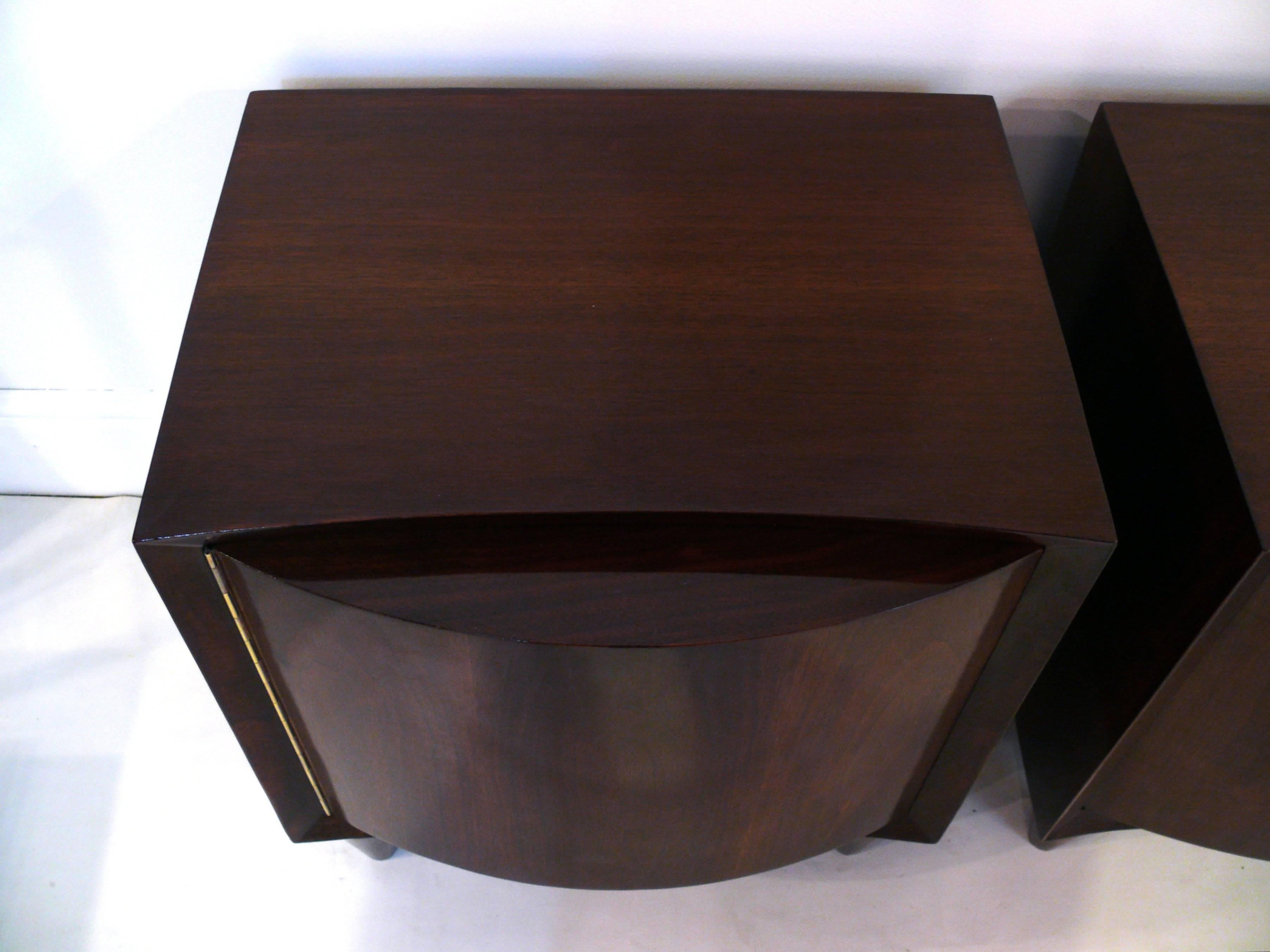Polished Pair of Modernage Bow Front Walnut End Tables