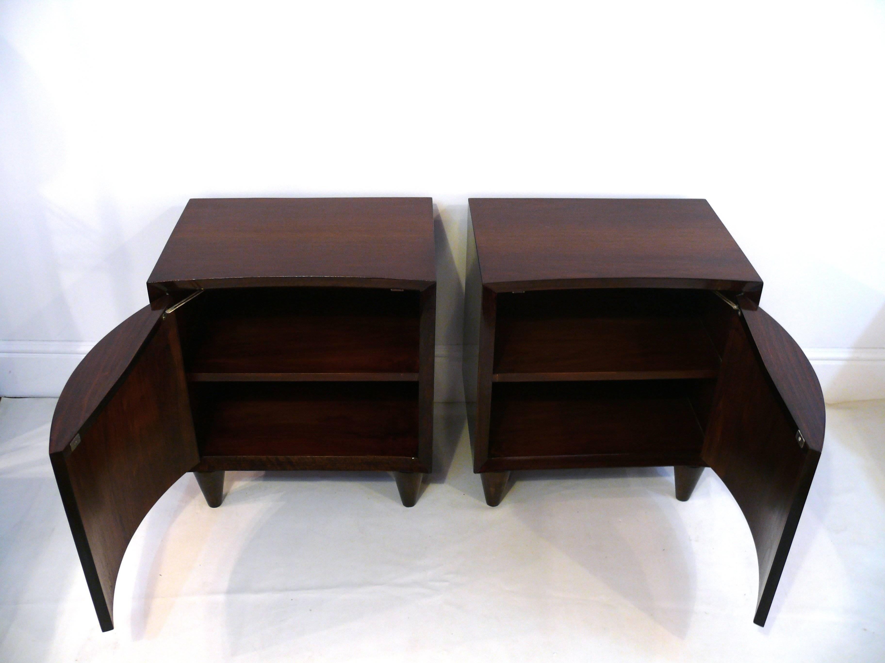 Pair of Modernage Bow Front Walnut End Tables 1