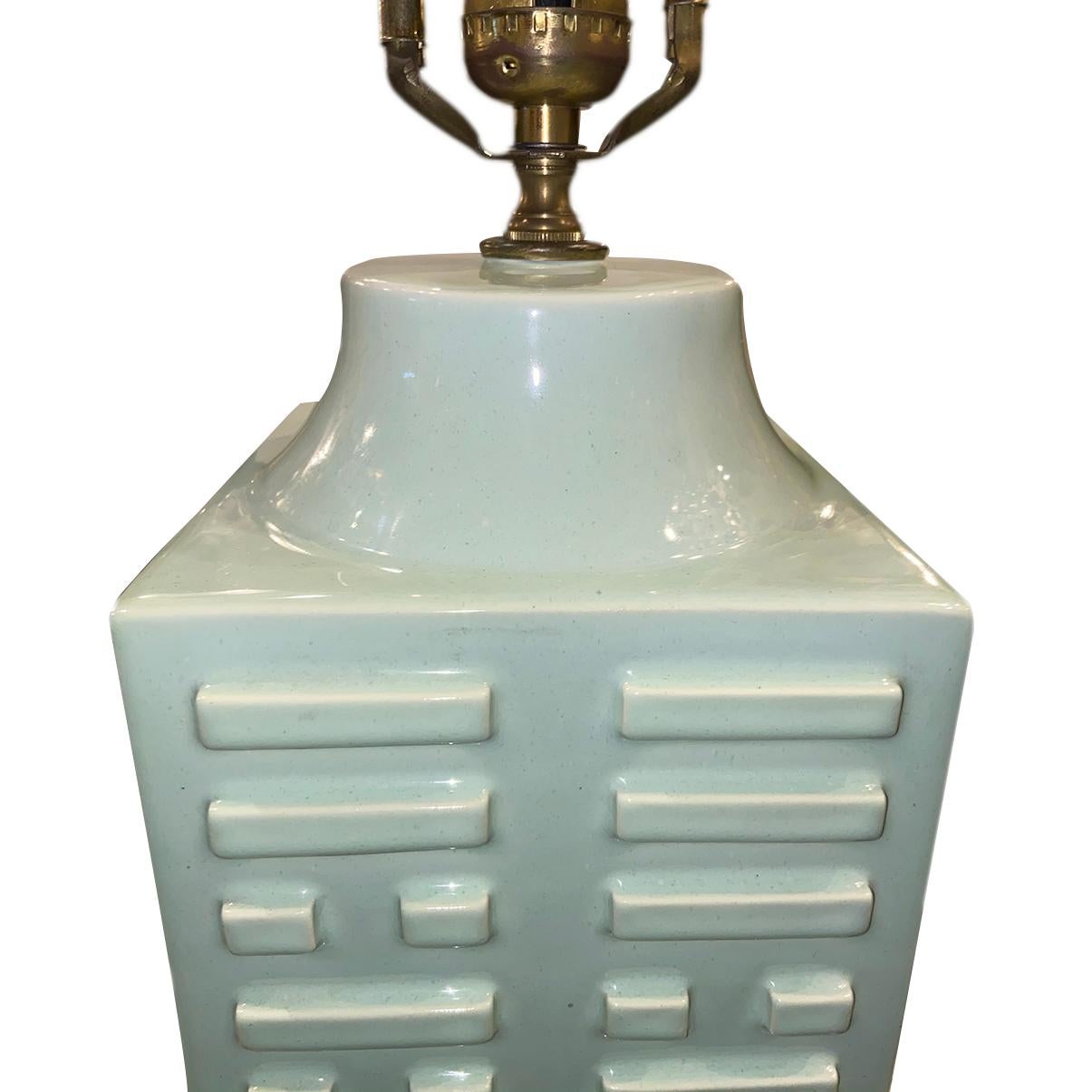 Pair of Moderne Celadon Porcelain Lamps In Good Condition For Sale In New York, NY