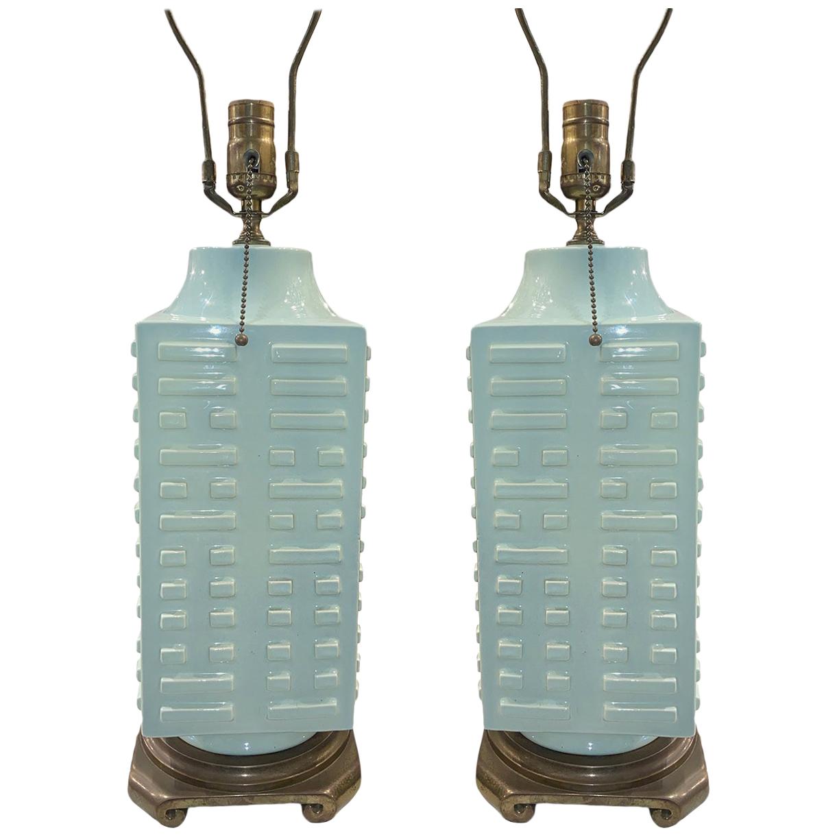 Pair of Moderne Celadon Porcelain Lamps For Sale