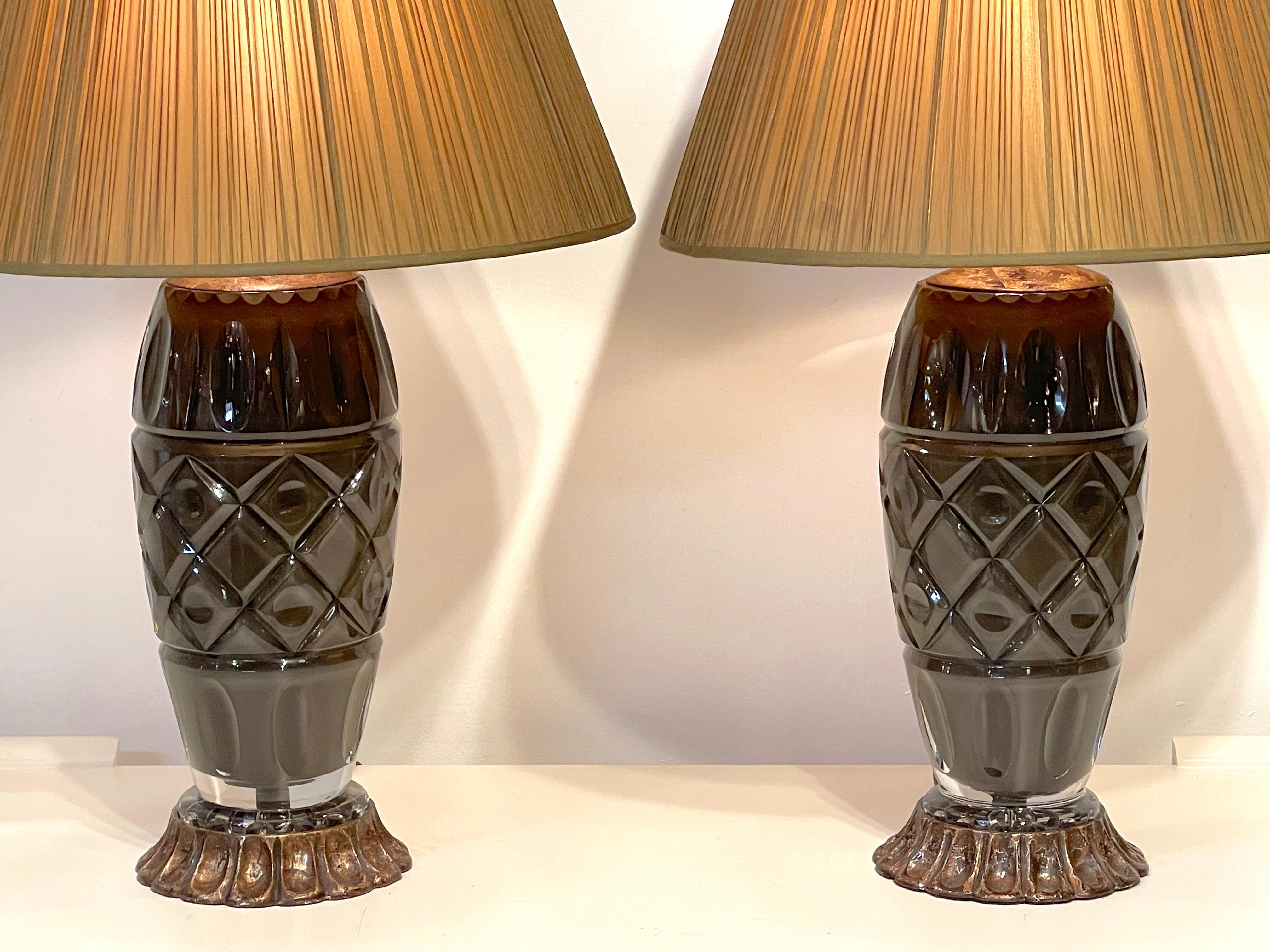 Neoclassical Pair of Moderne Maison Baguès Style Taupe Cut Crystal Lamps