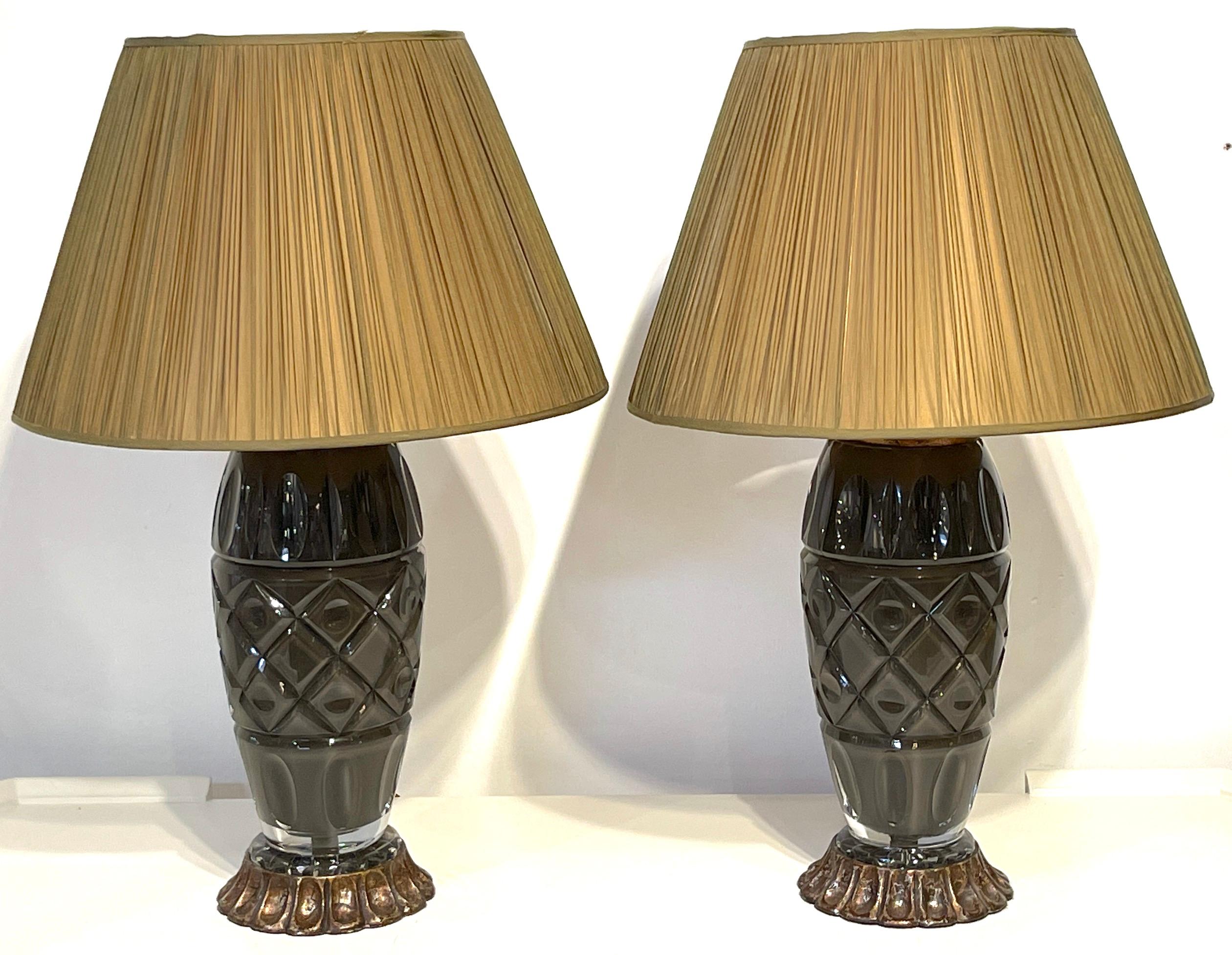 Carved Pair of Moderne Maison Baguès Style Taupe Cut Crystal Lamps