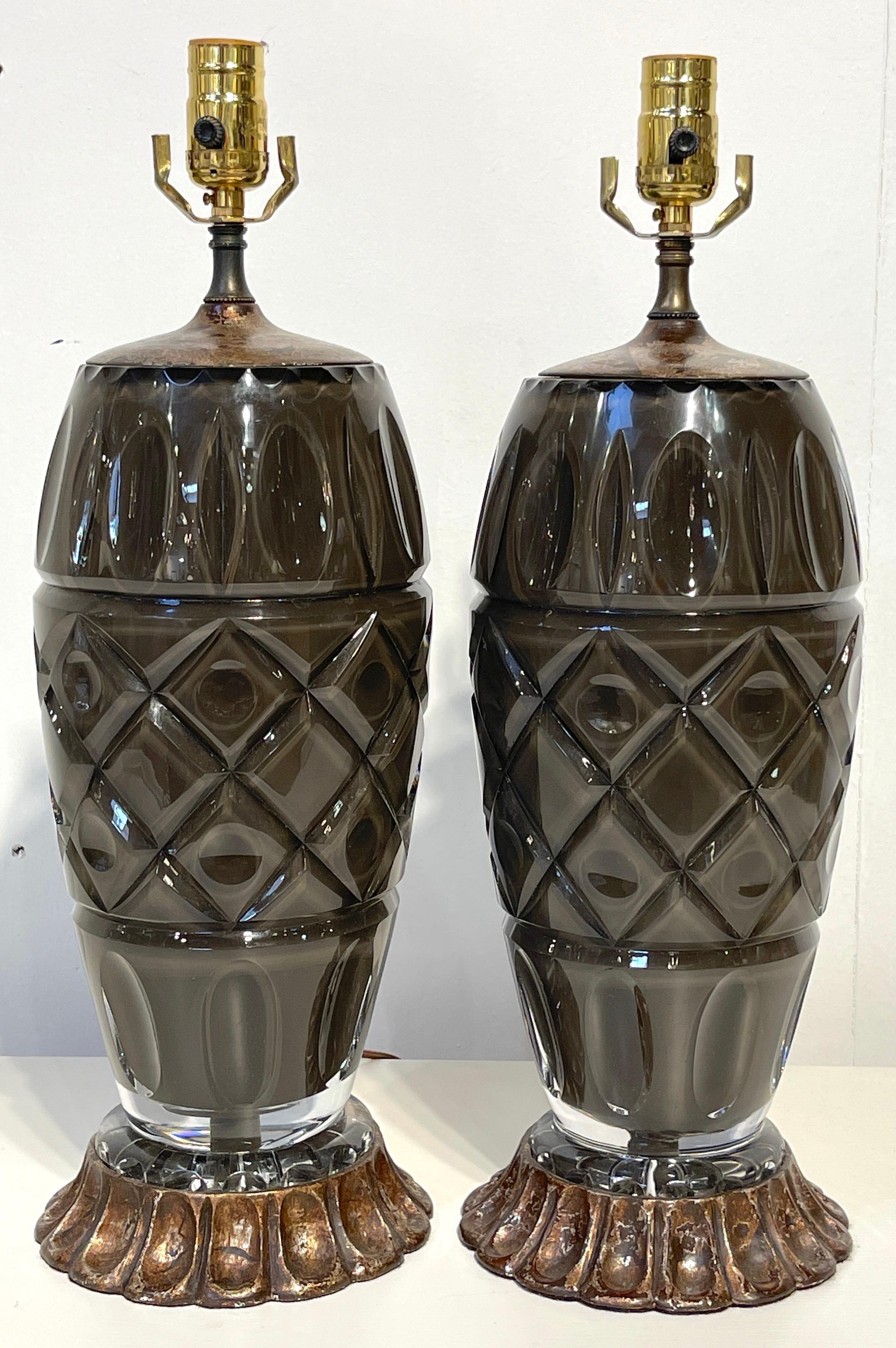 Pair of Moderne Maison Baguès Style Taupe Cut Crystal Lamps In Good Condition In West Palm Beach, FL