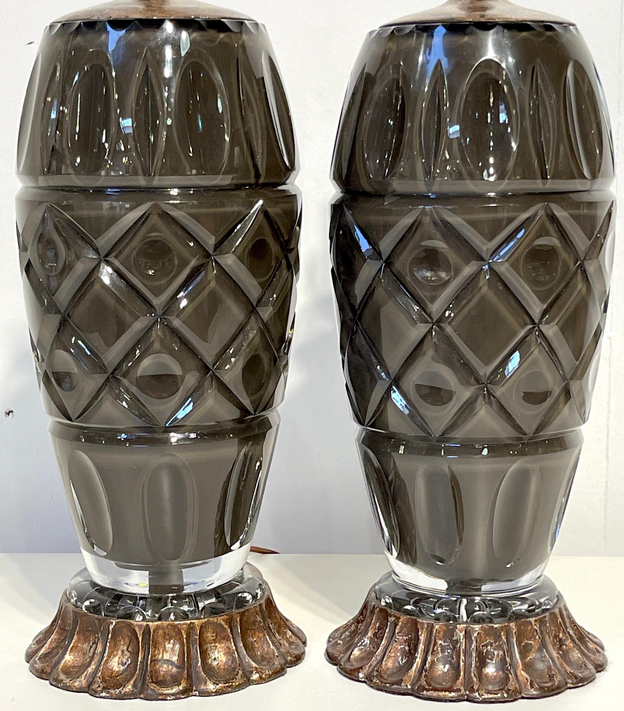 20th Century Pair of Moderne Maison Baguès Style Taupe Cut Crystal Lamps