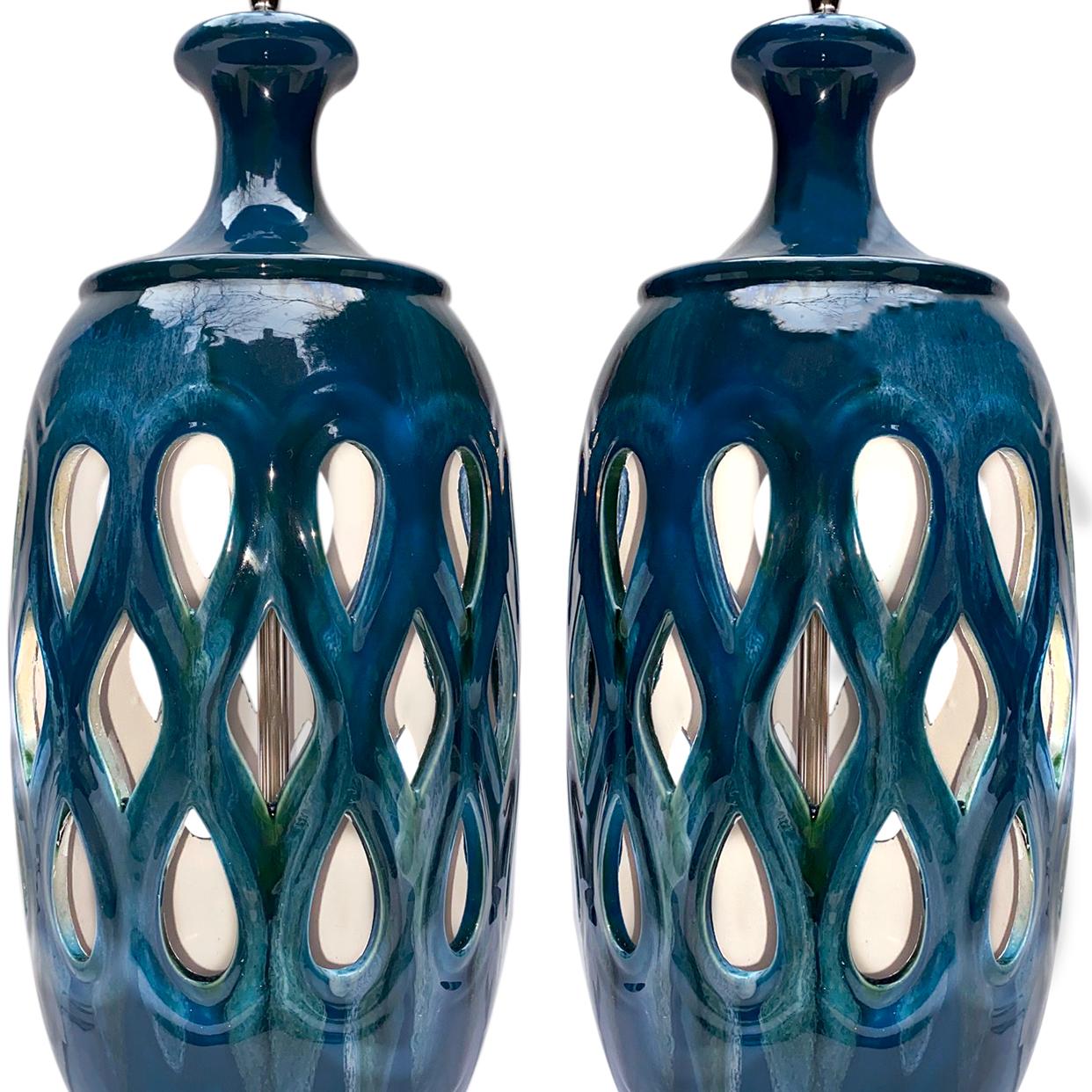 Italian Pair of Moderne Style Blue Porcelain Lamps
