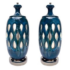 Pair of Moderne Style Blue Porcelain Lamps