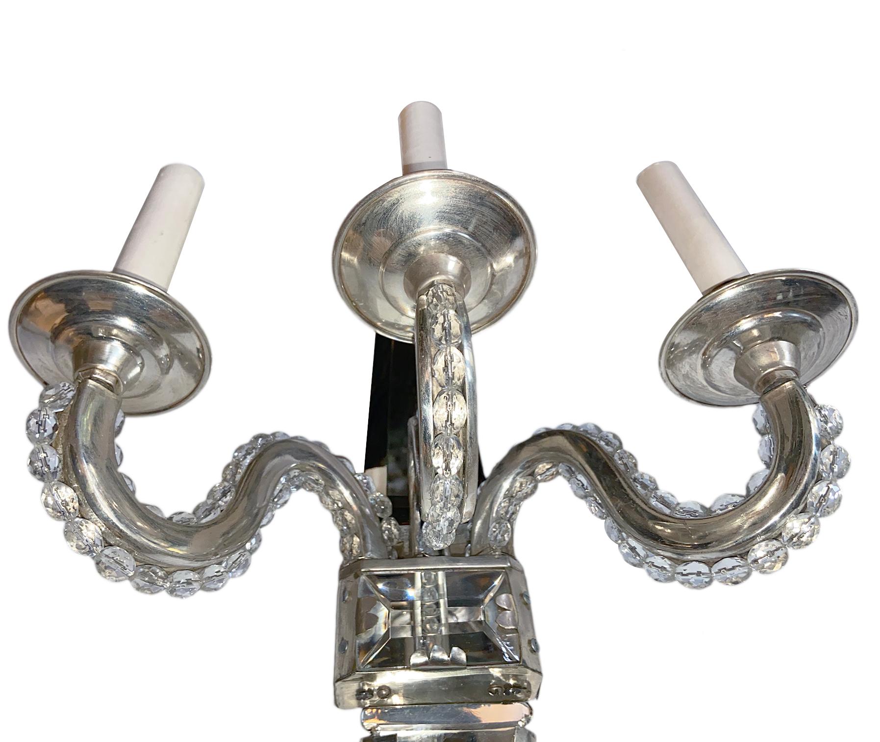 French Pair of Moderne Style Silver Plated Sconces For Sale