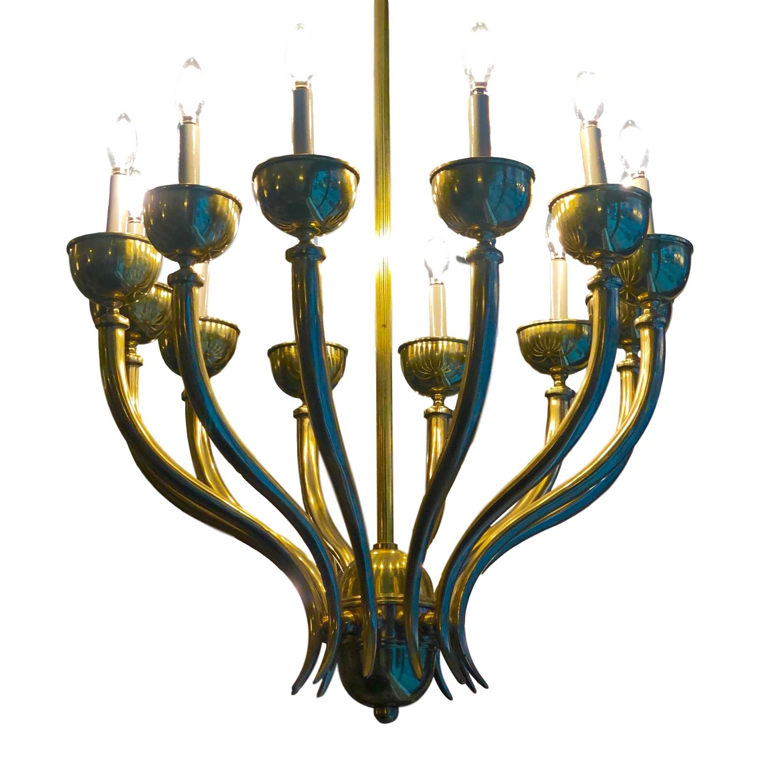French Pair of Moderne Twelve-Arm Chandeliers, Sold Individually For Sale