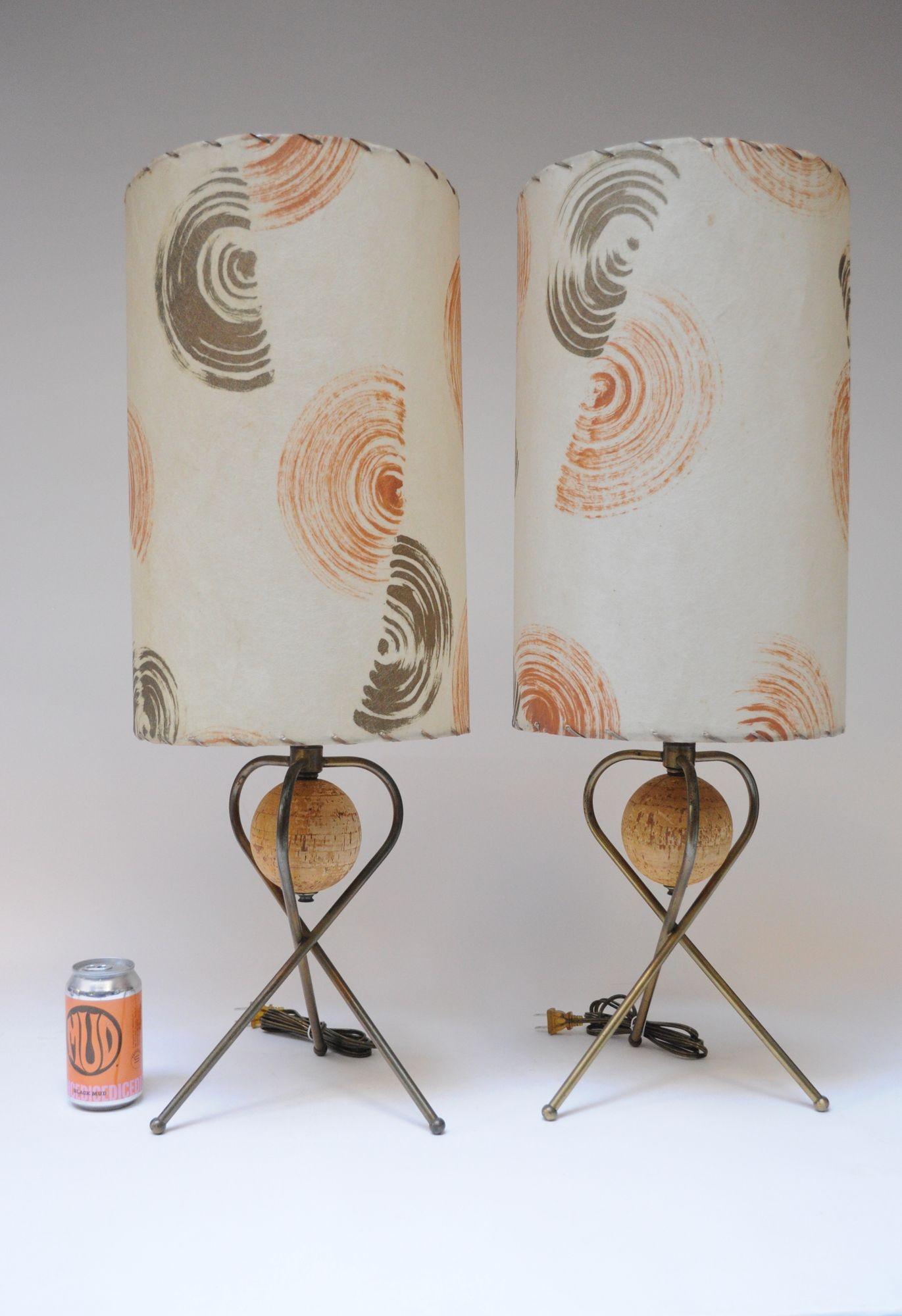 Pair of Modernera Cork and Brass Tripod Table Lamps with Fiberglass Shades In Good Condition For Sale In Brooklyn, NY