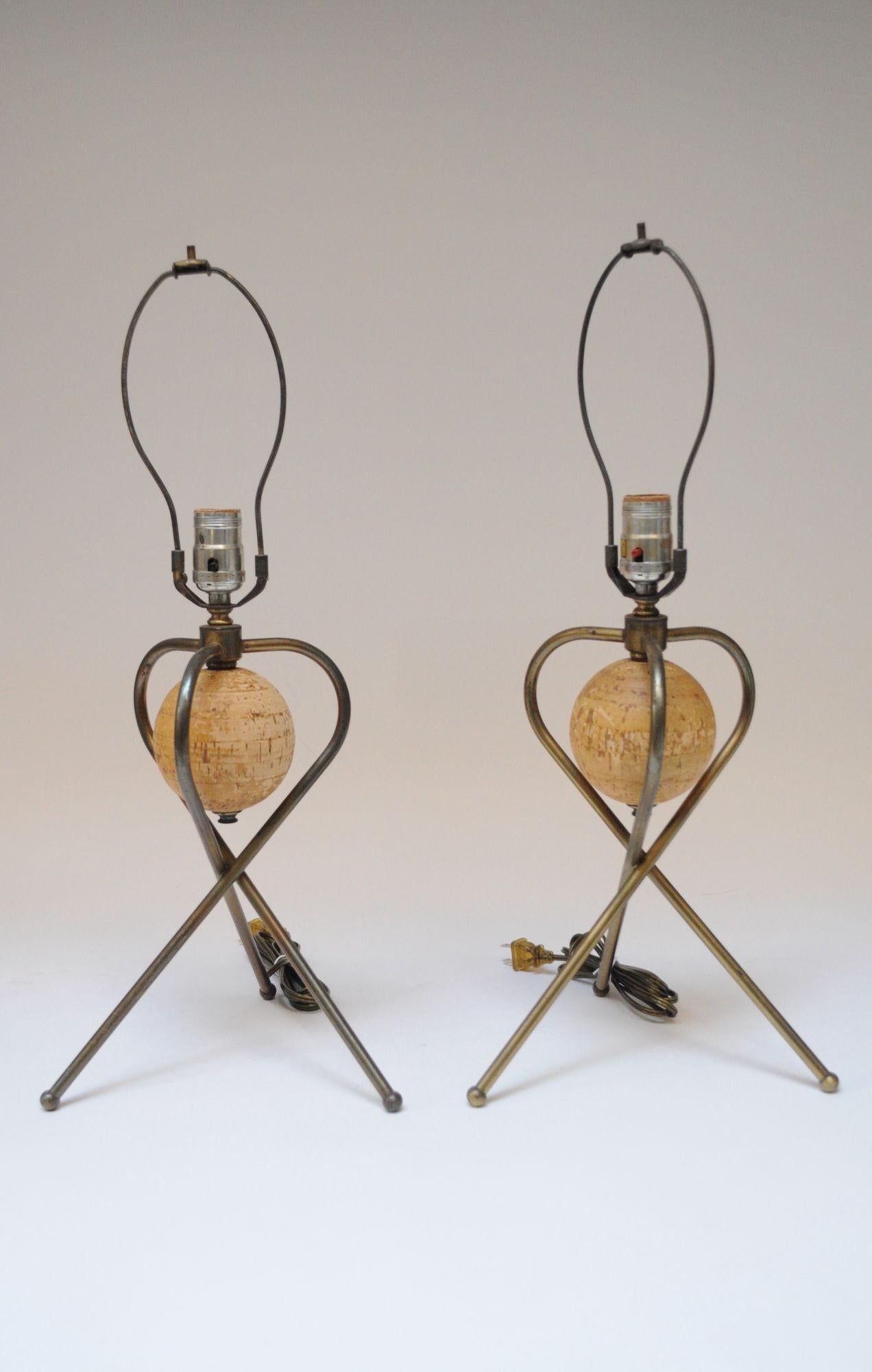Pair of Modernera Cork and Brass Tripod Table Lamps with Fiberglass Shades For Sale 12