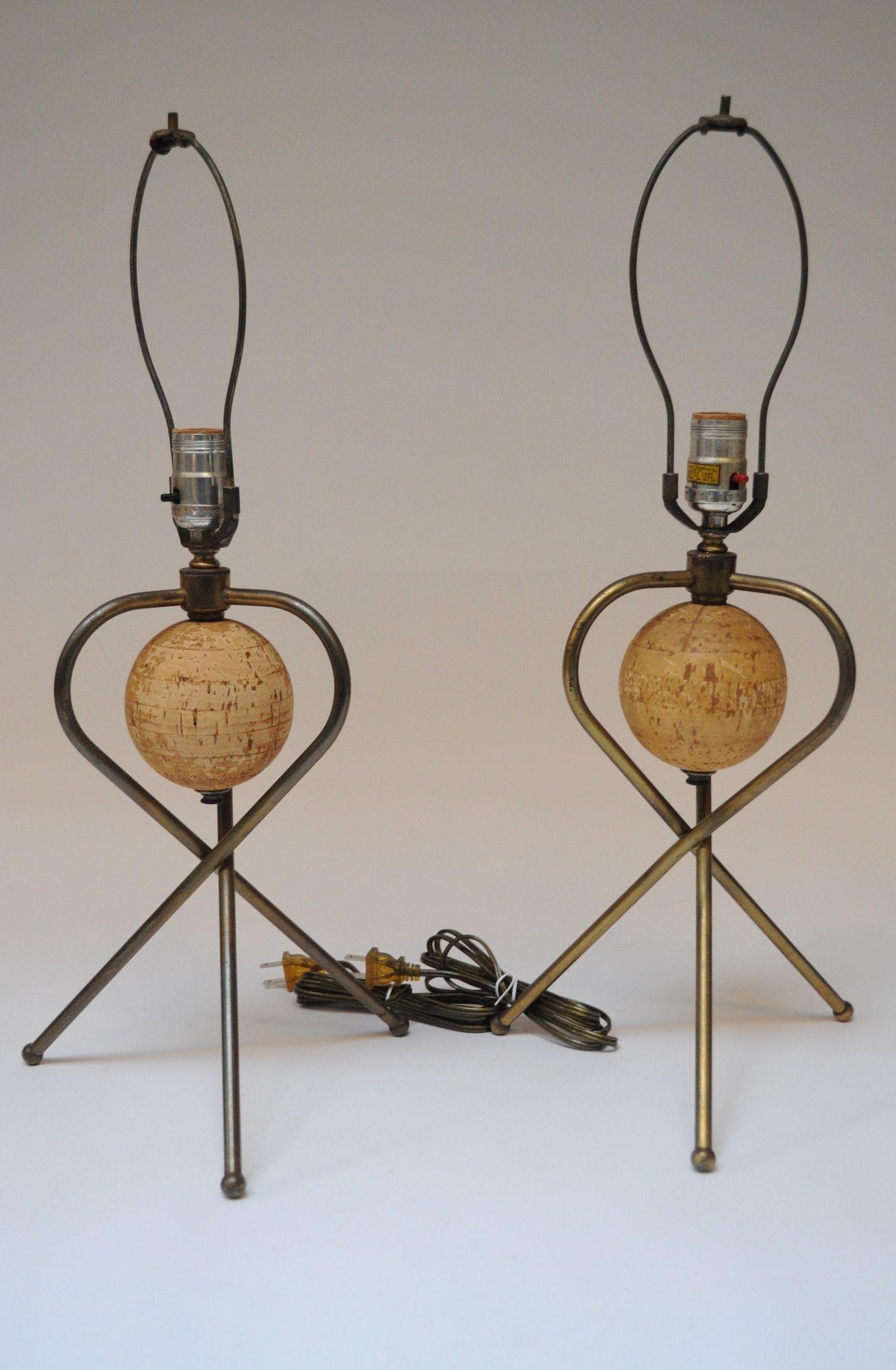 Pair of Modernera Cork and Brass Tripod Table Lamps with Fiberglass Shades For Sale 11