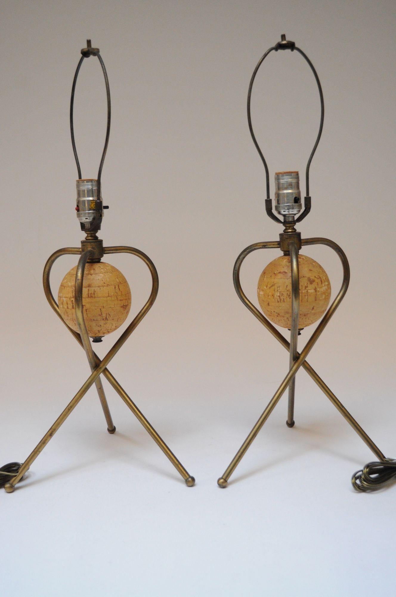 American Pair of Modernera Cork and Brass Tripod Table Lamps with Fiberglass Shades For Sale