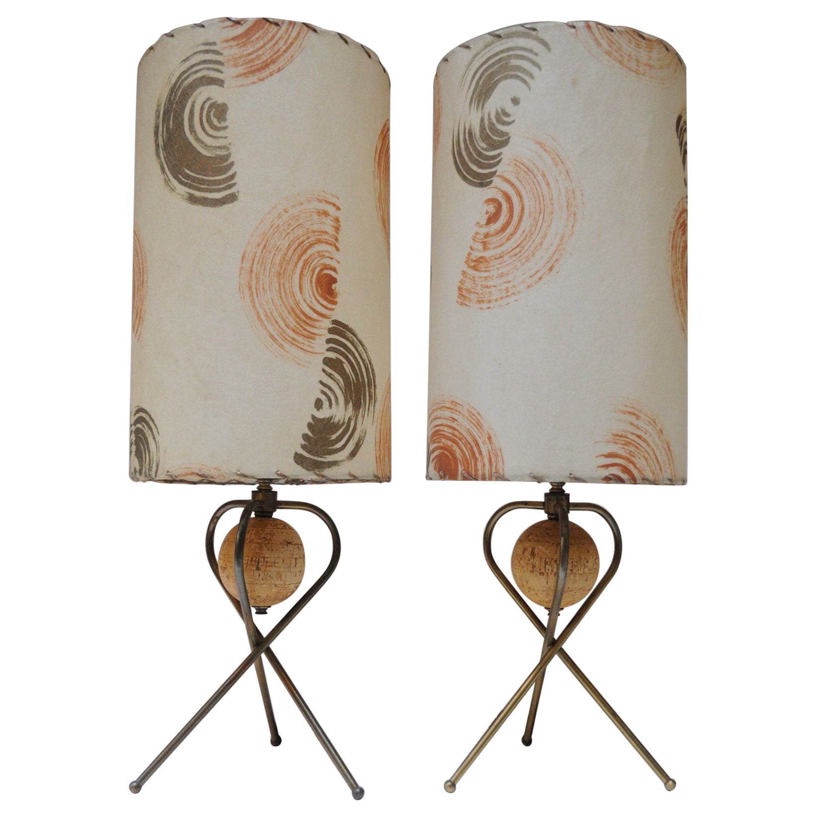 Pair of Modernera Cork and Brass Tripod Table Lamps with Fiberglass Shades For Sale
