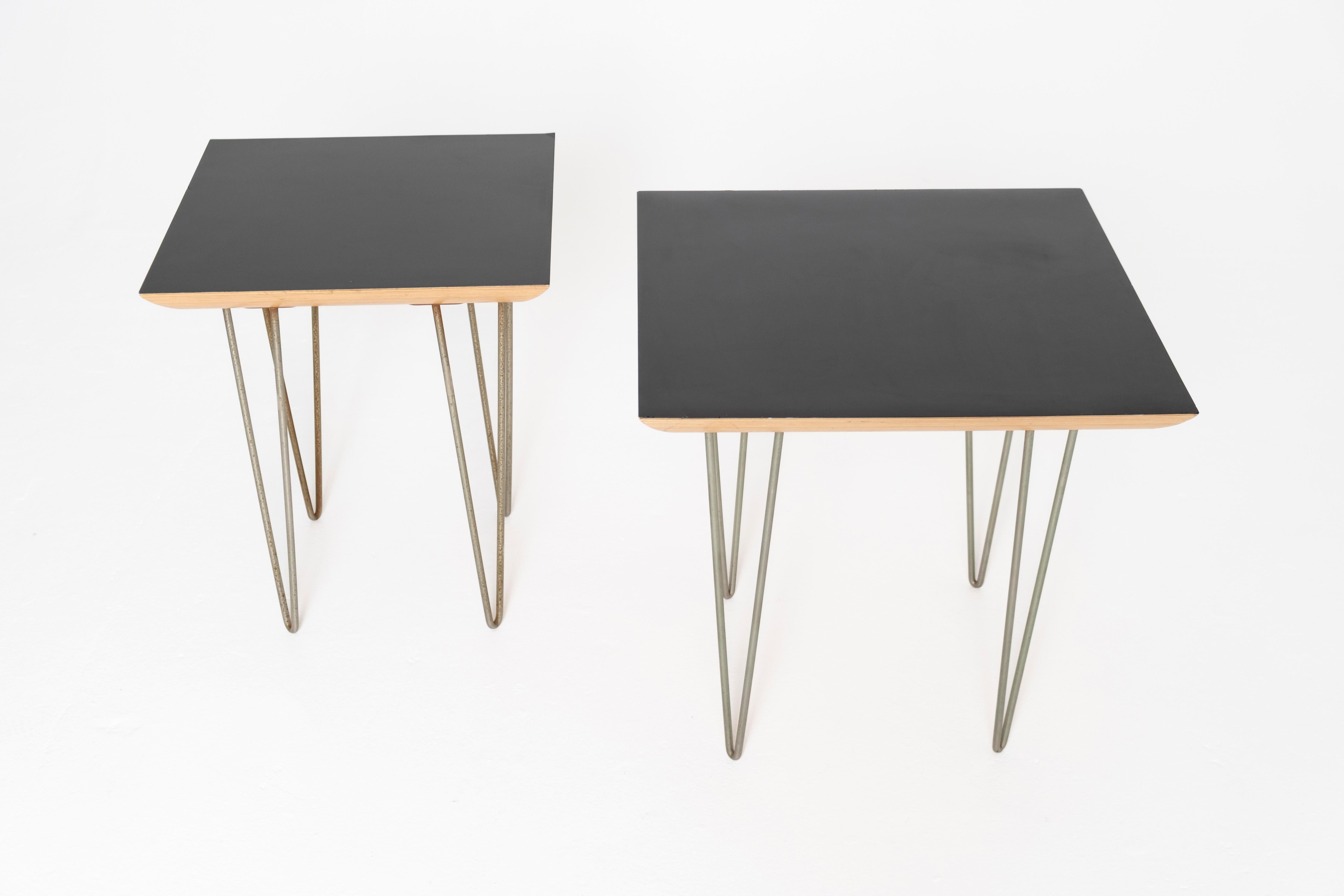 Mid-Century Modern Pair of Modernica Case Study Side Tables with Black Laminate Tops & Hairpin Legs For Sale