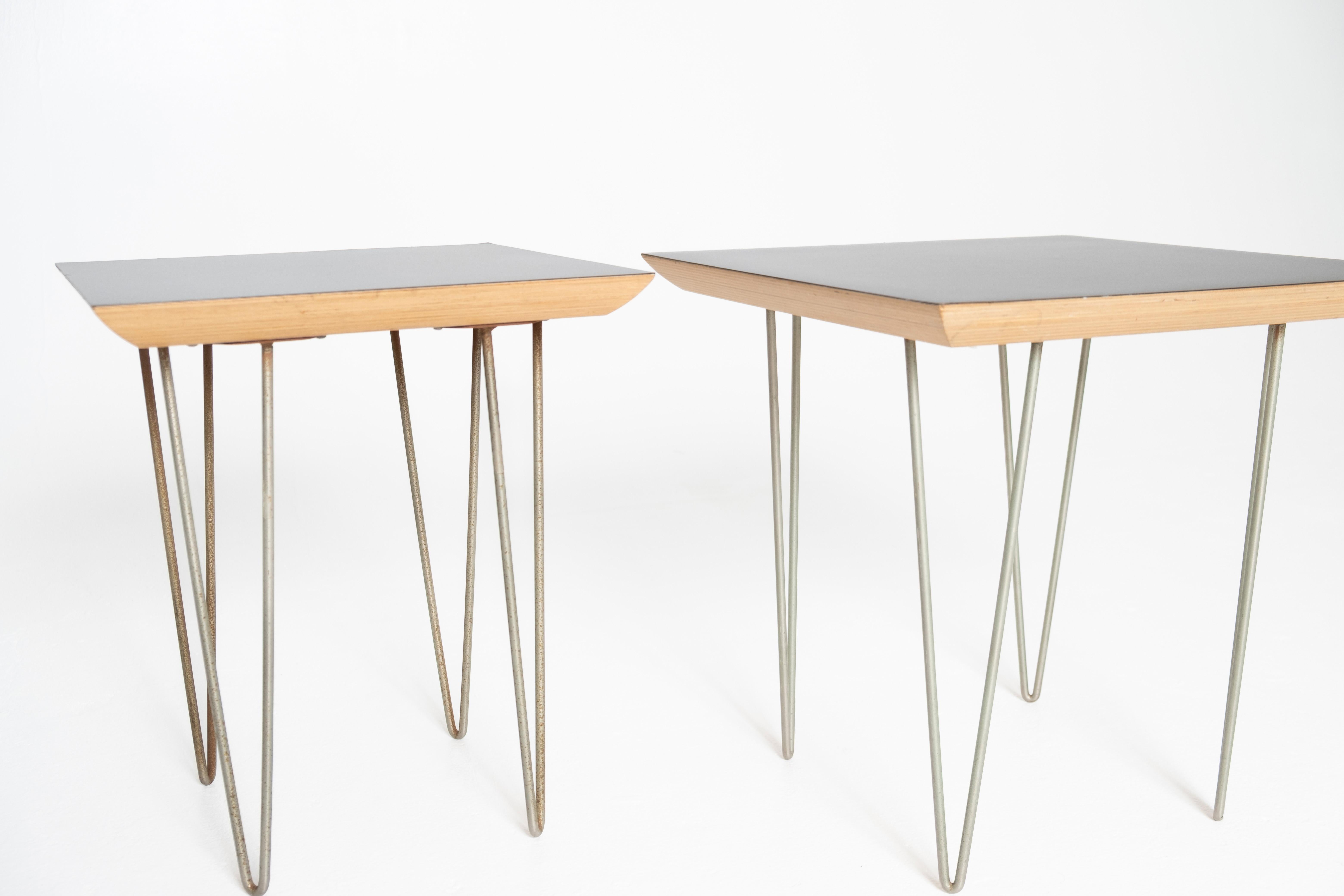 Welded Pair of Modernica Case Study Side Tables with Black Laminate Tops & Hairpin Legs For Sale