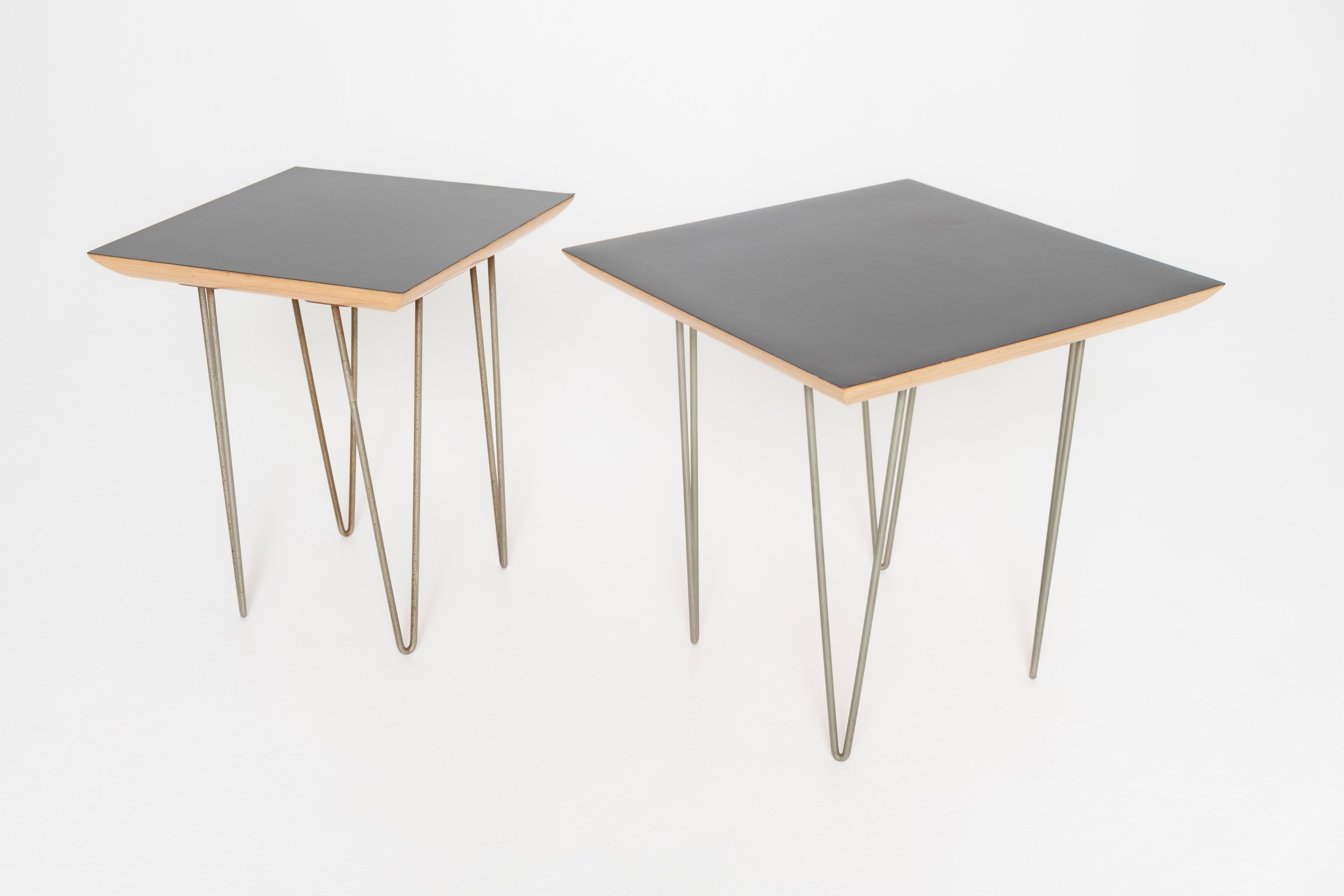 Steel Pair of Modernica Case Study Side Tables with Black Laminate Tops & Hairpin Legs For Sale