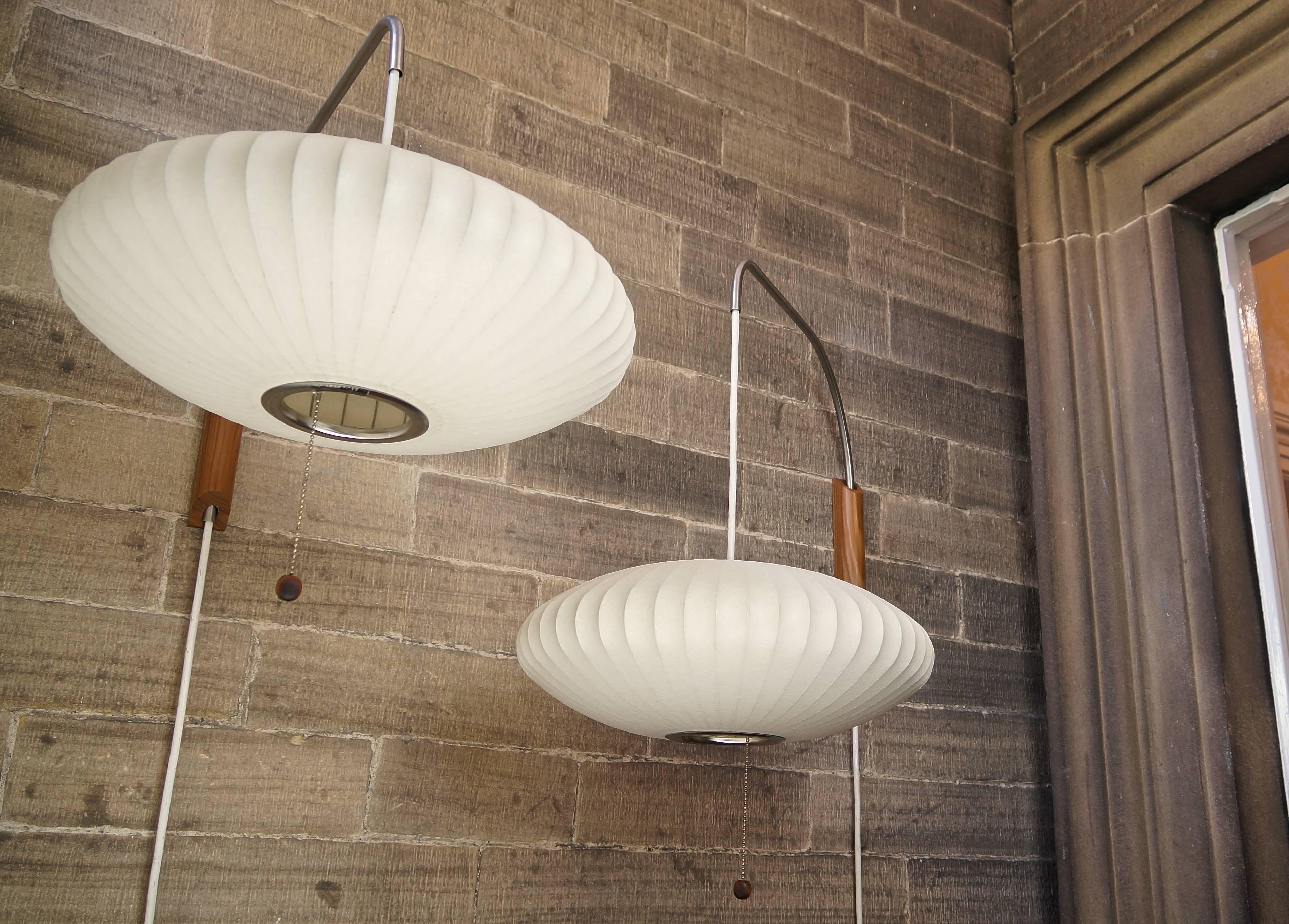 Pair of Modernica George Nelson Saucer Bubble Walnut Wall Lamps, Vintage 2