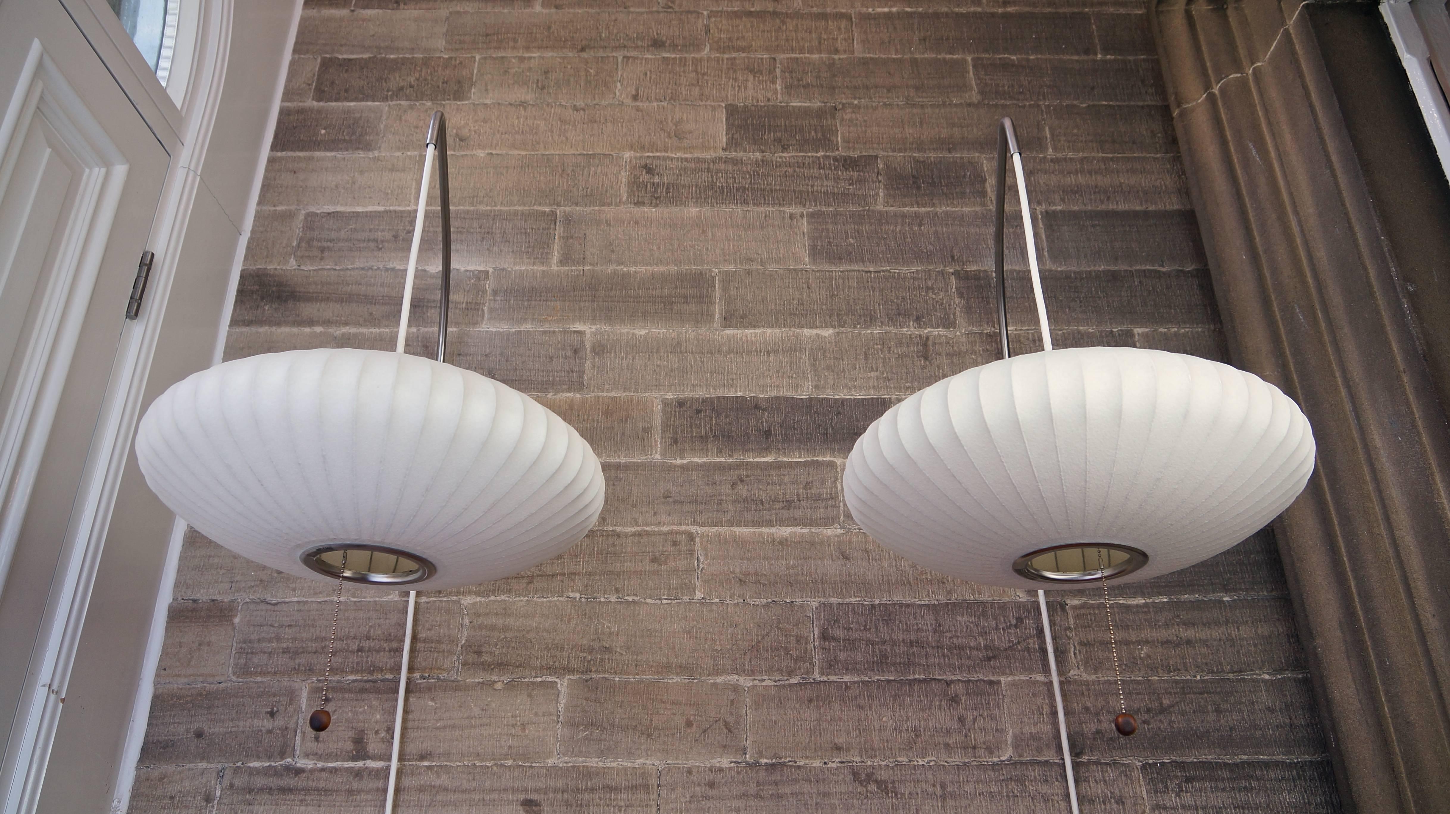 Pair of Modernica George Nelson Saucer Bubble Walnut Wall Lamps, Vintage In Good Condition In Huddersfield, GB