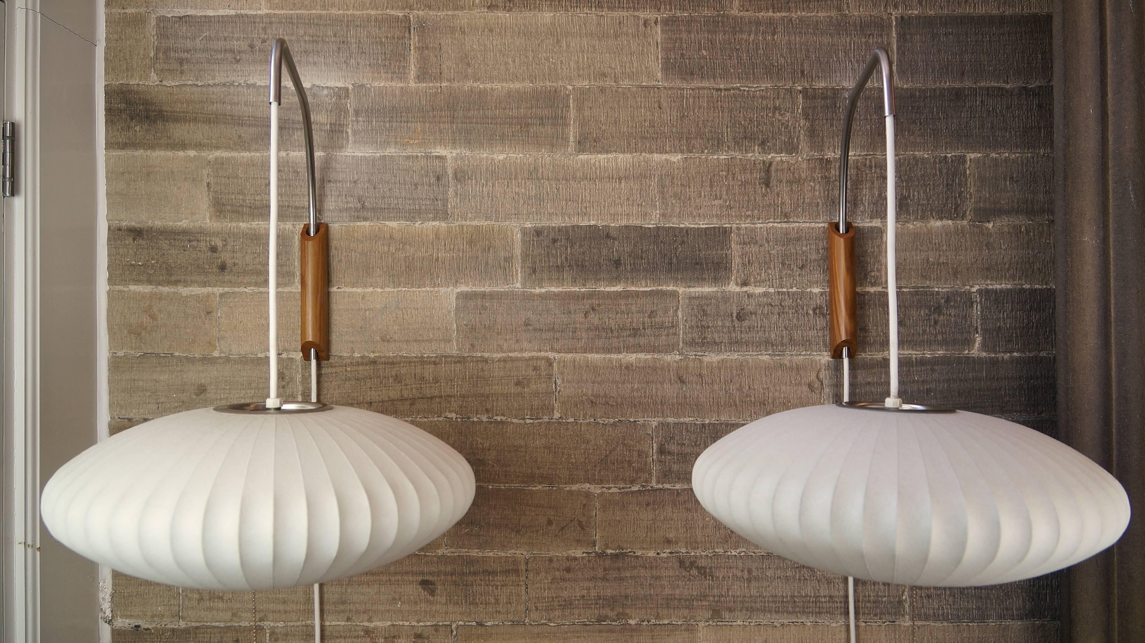20th Century Pair of Modernica George Nelson Saucer Bubble Walnut Wall Lamps, Vintage