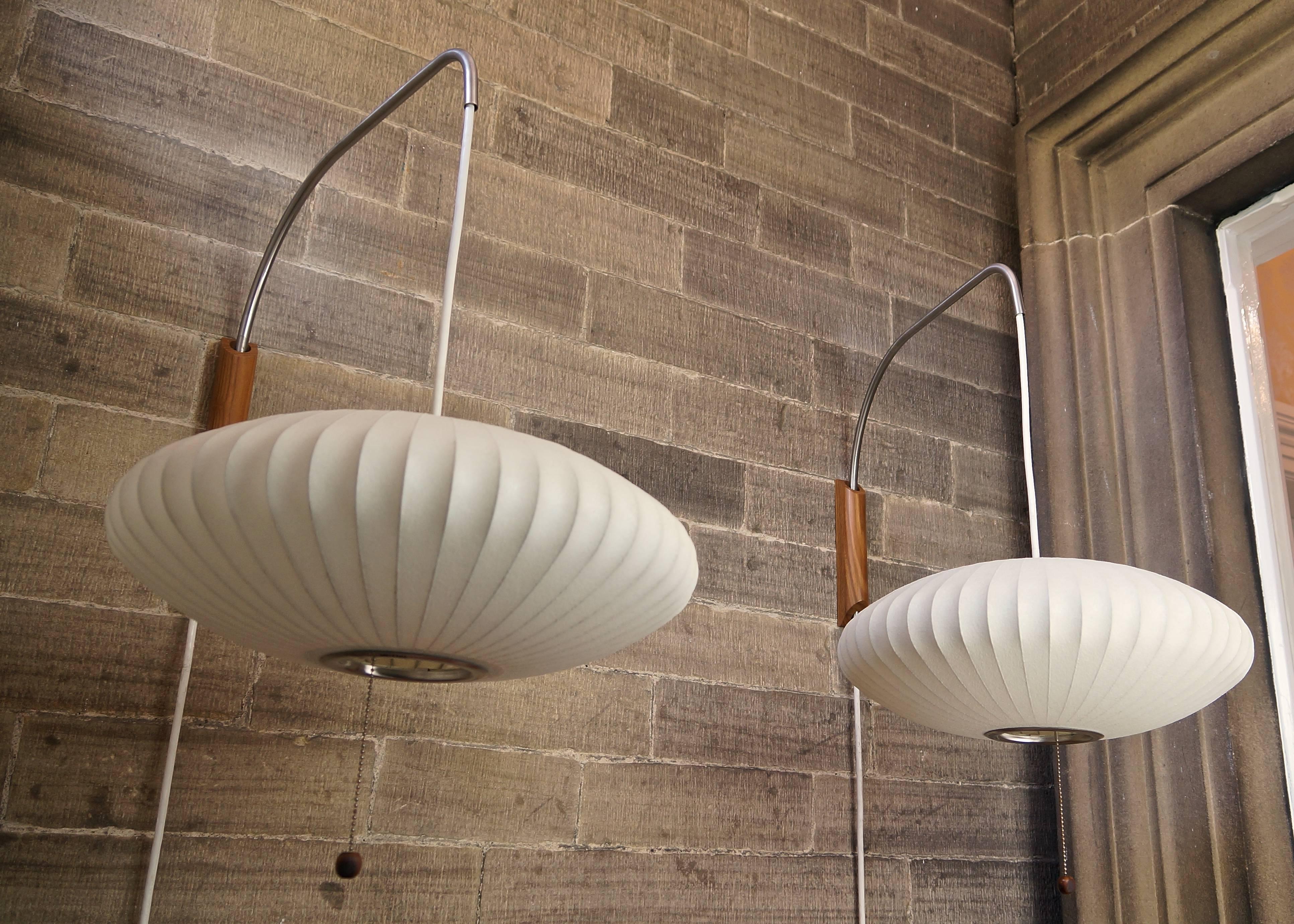 Pair of Modernica George Nelson Saucer Bubble Walnut Wall Lamps, Vintage 1