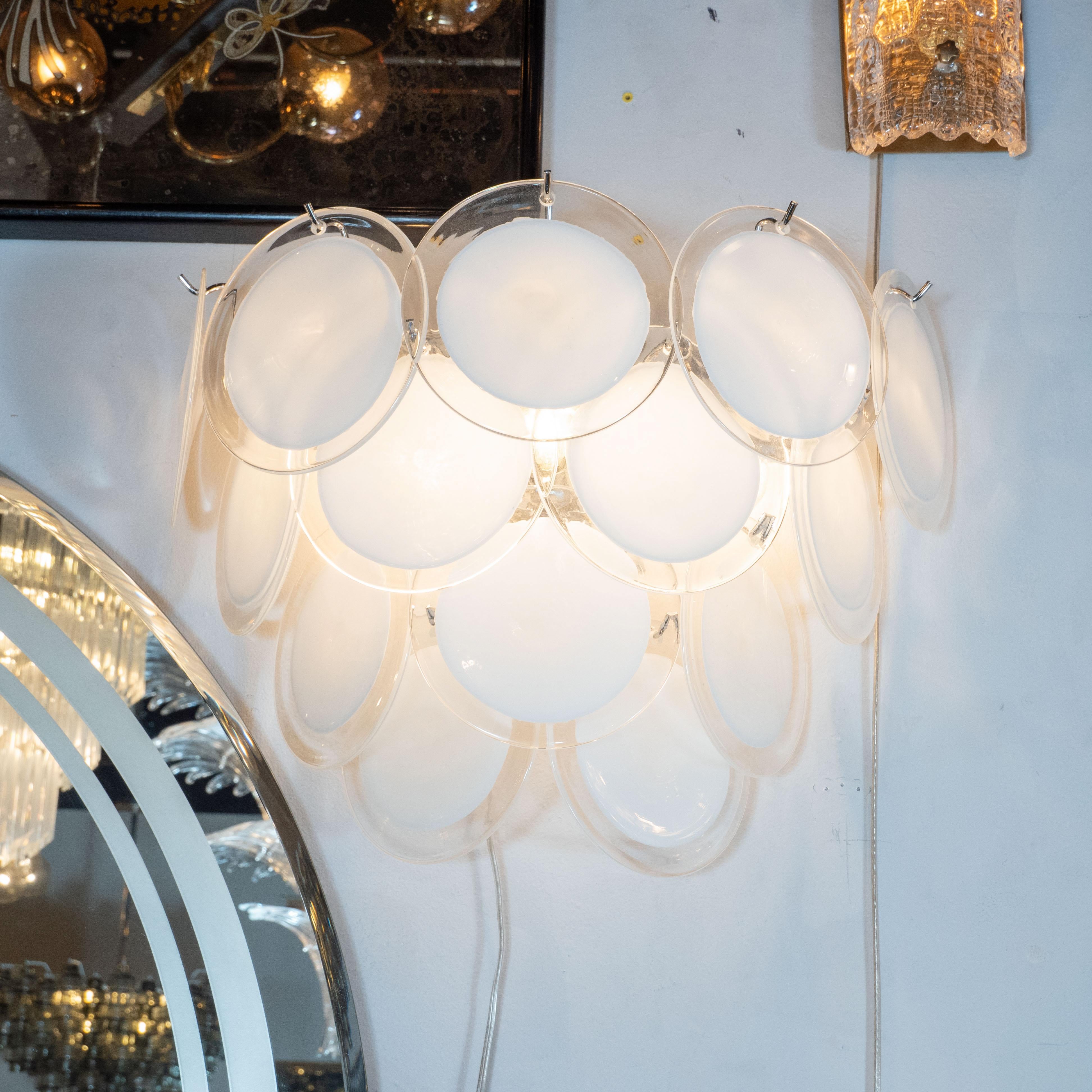 Italian Pair of Modernist 14-Disc Sconces in Hand Blown Murano White & Translucent Glass For Sale