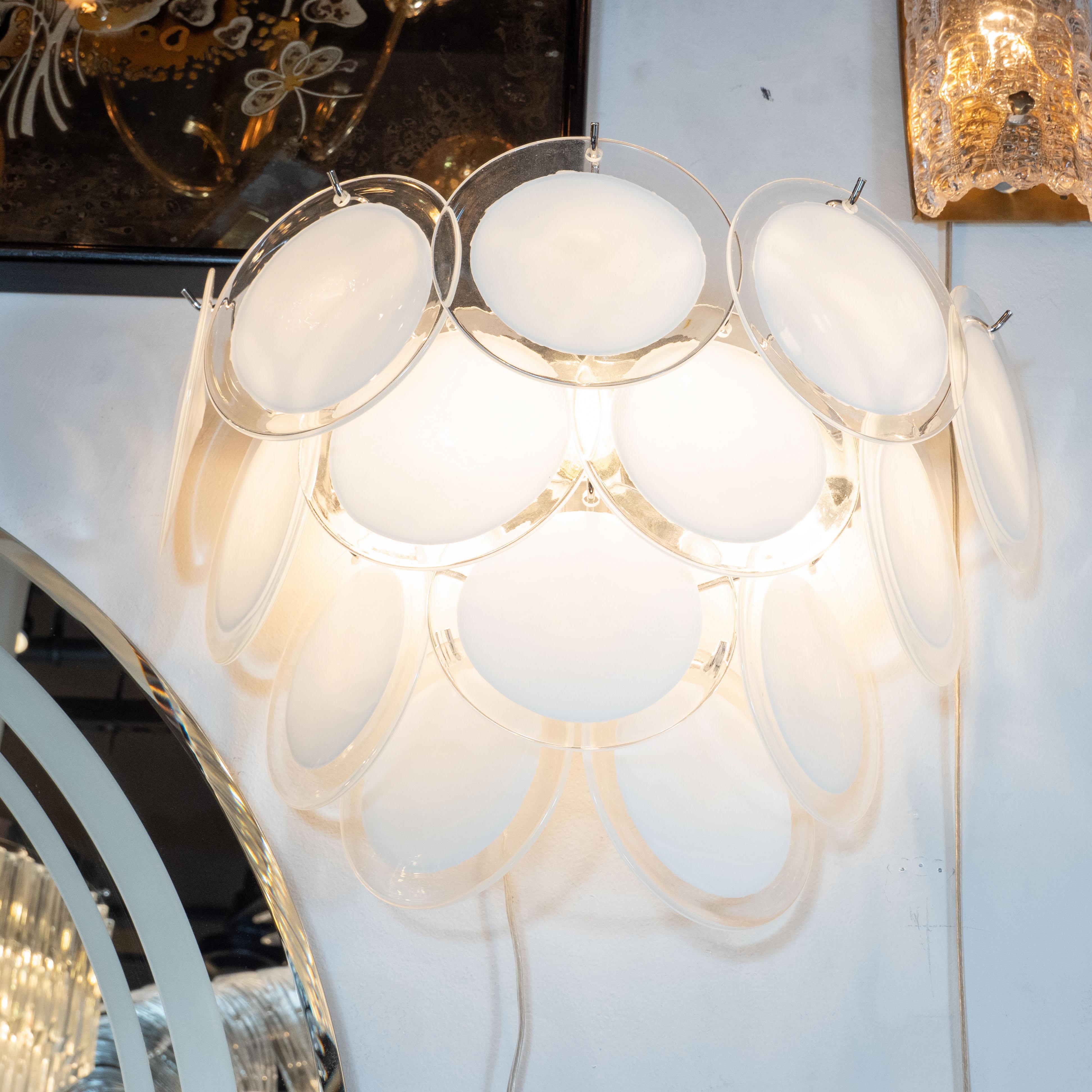 Contemporary Pair of Modernist 14-Disc Sconces in Hand Blown Murano White & Translucent Glass For Sale