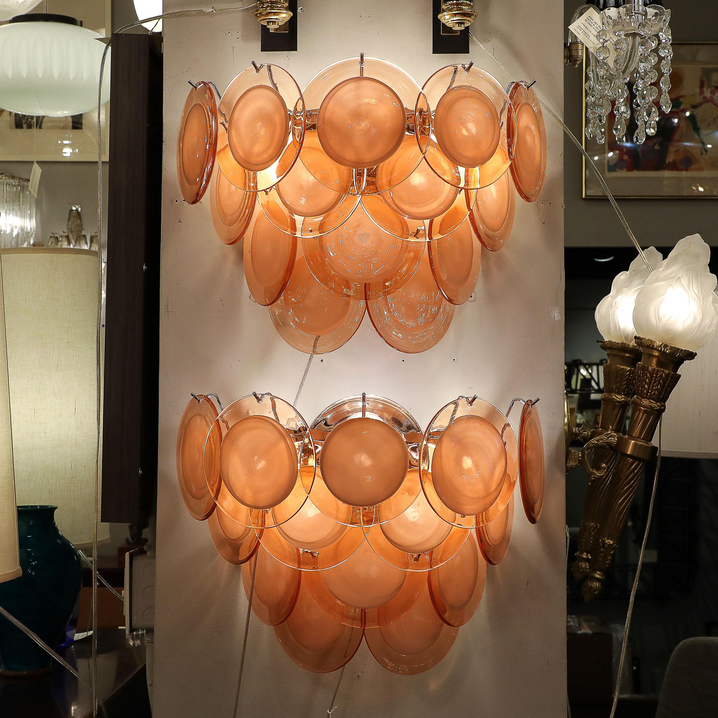 Paire d'appliques modernistes à 14 disques en verre d' abricot fumé de Murano soufflé à la main en vente 4