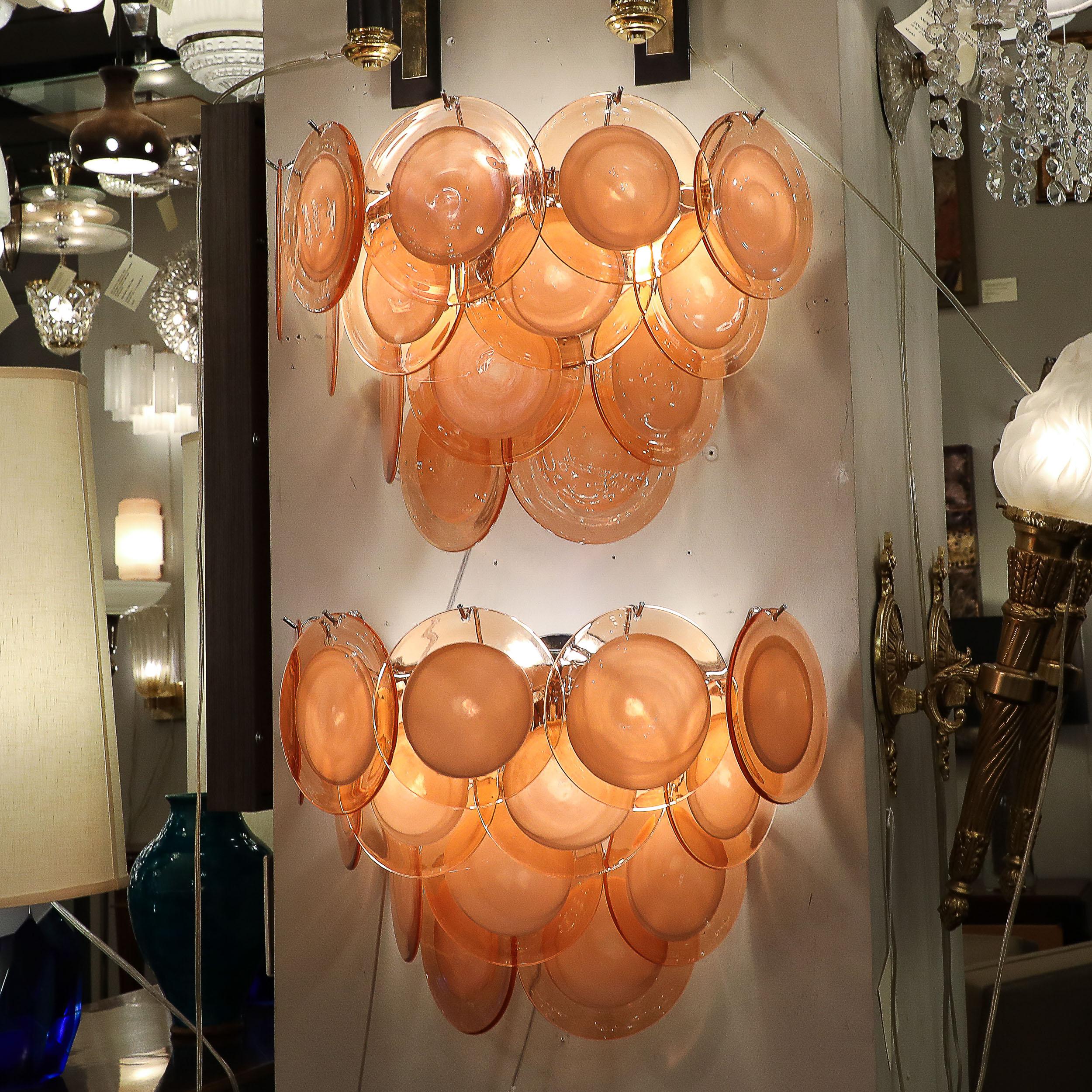 Paire d'appliques modernistes à 14 disques en verre d' abricot fumé de Murano soufflé à la main en vente 6