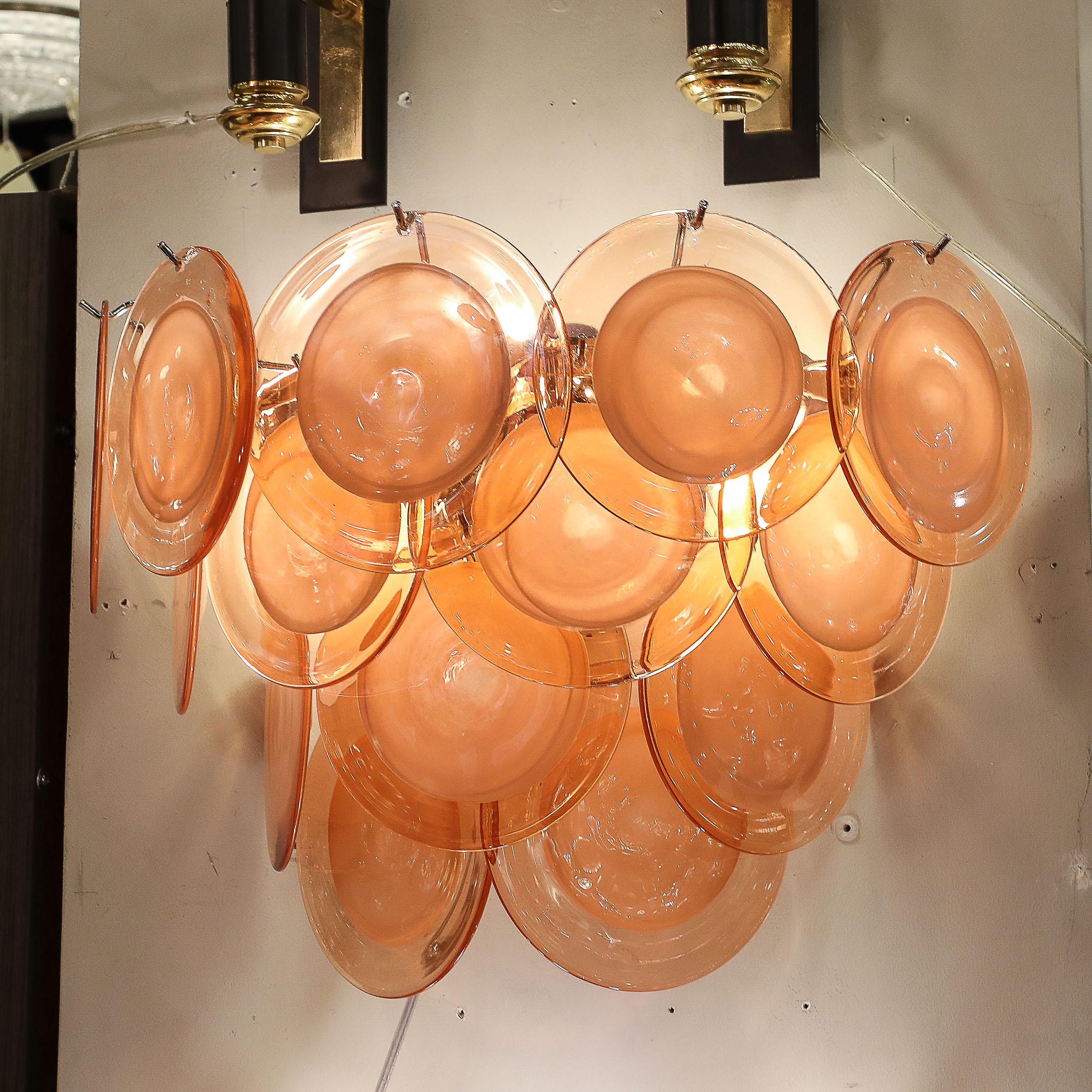 Paire d'appliques modernistes à 14 disques en verre d' abricot fumé de Murano soufflé à la main en vente 7