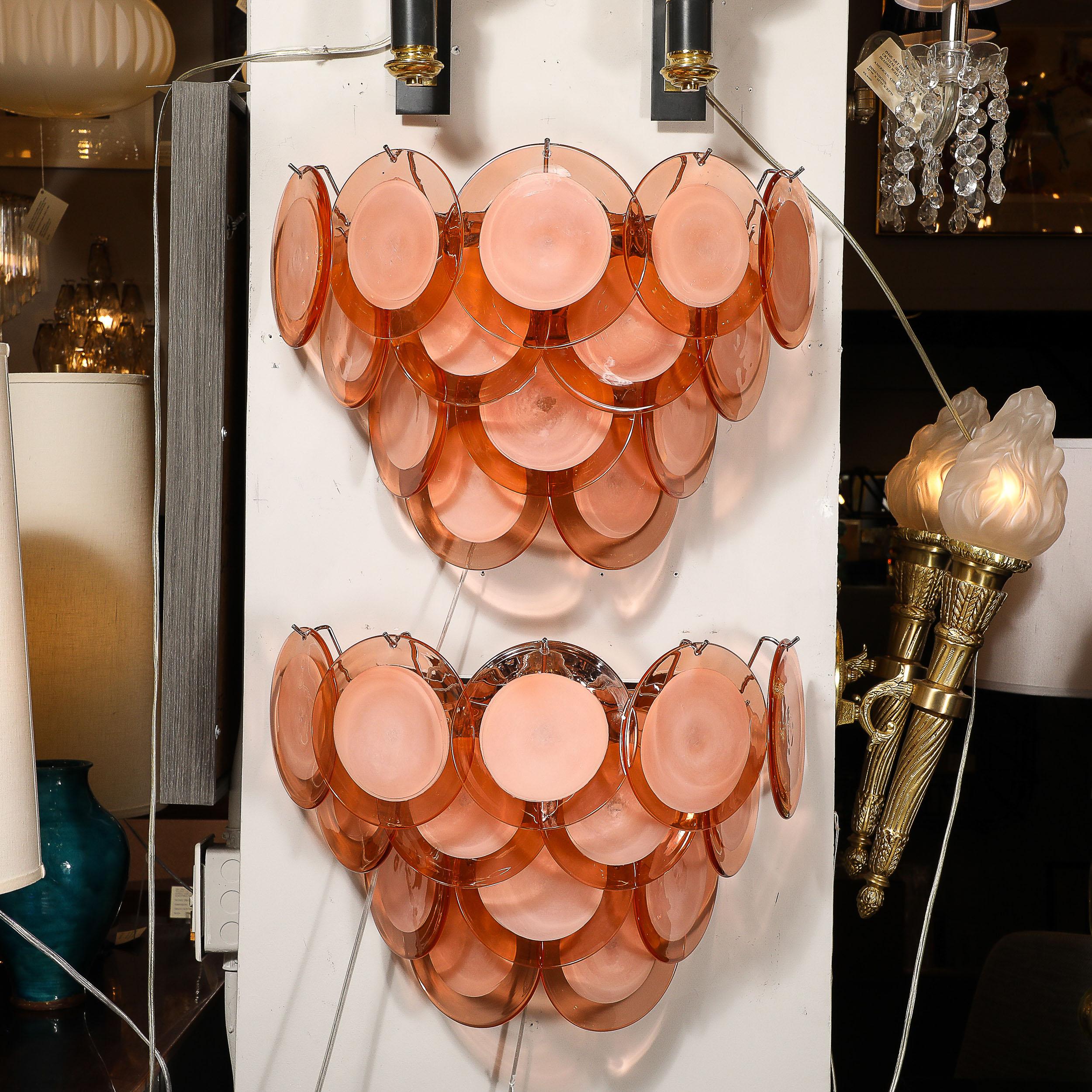 Paire d'appliques modernistes à 14 disques en verre d' abricot fumé de Murano soufflé à la main en vente 10