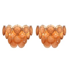 Pair of Modernist 14-Disc Sconces in Hand-Blown Murano Smoked Apricot Glass