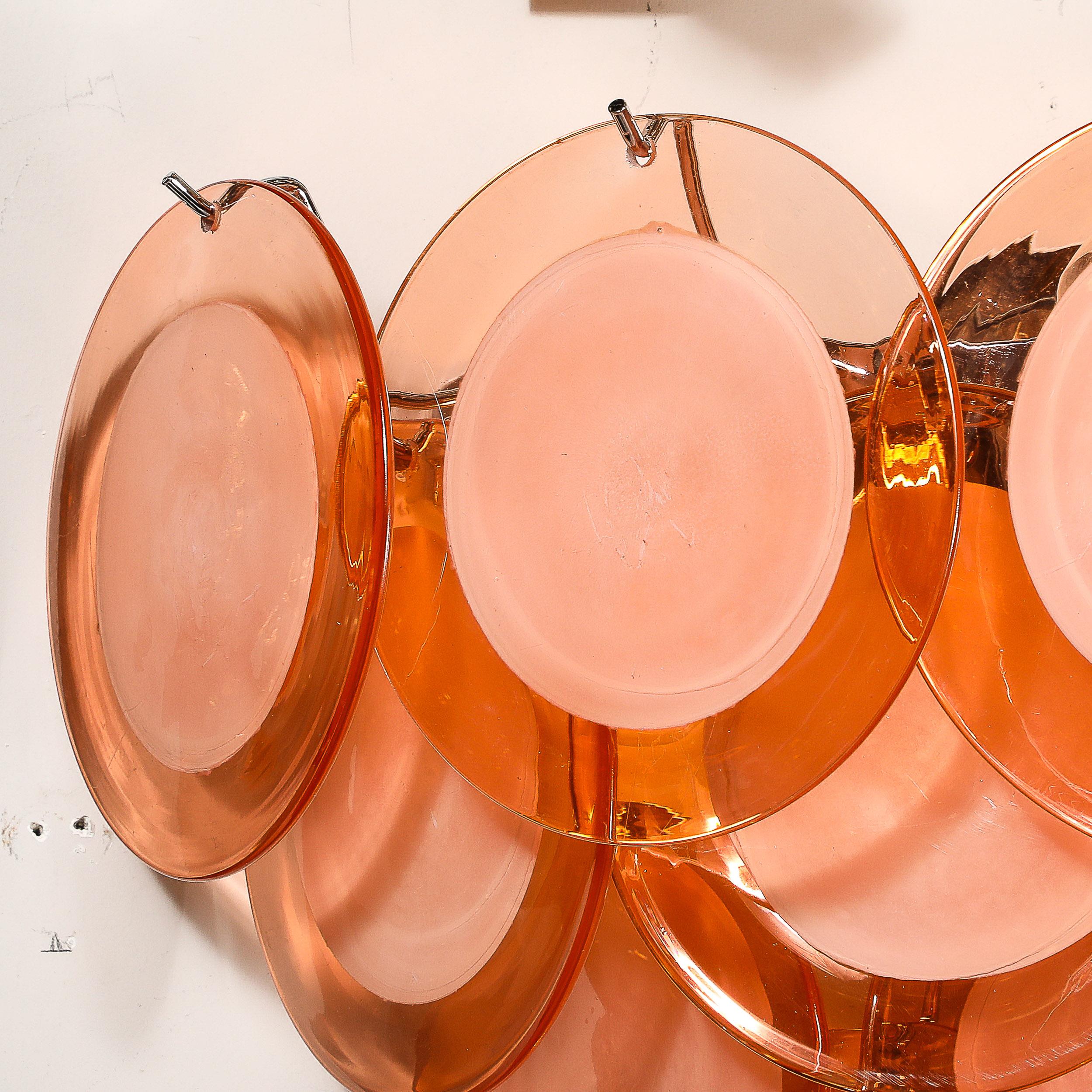 Paire d'appliques modernistes à 14 disques en verre d' abricot fumé de Murano soufflé à la main en vente 2