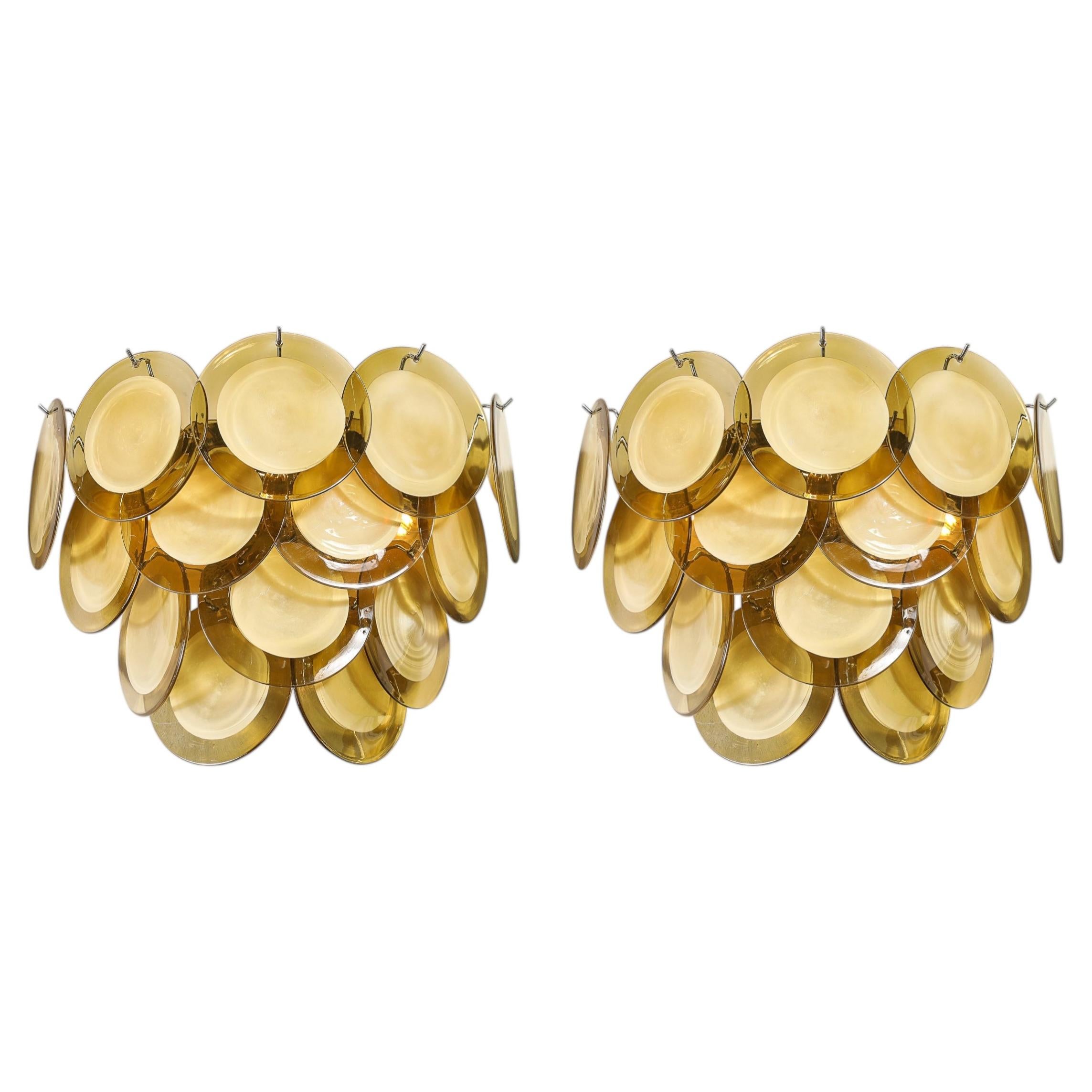 Pair of Modernist 14-Disc Sconces in Hand-Blown Murano Topaz Glass For Sale