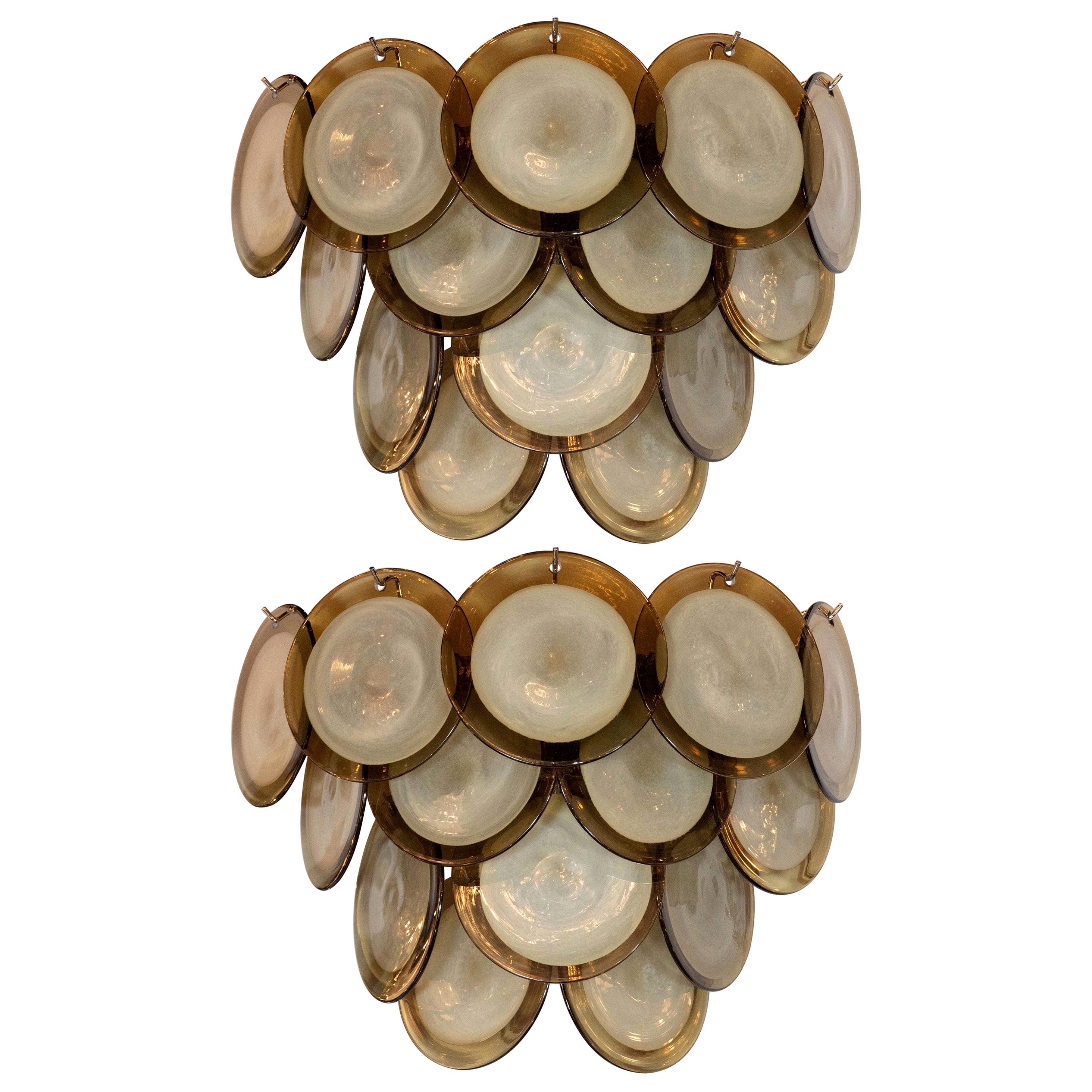 Pair of Modernist 14-Disc Sconces in Hand Blown Murano Topaz & Translucent Glass For Sale