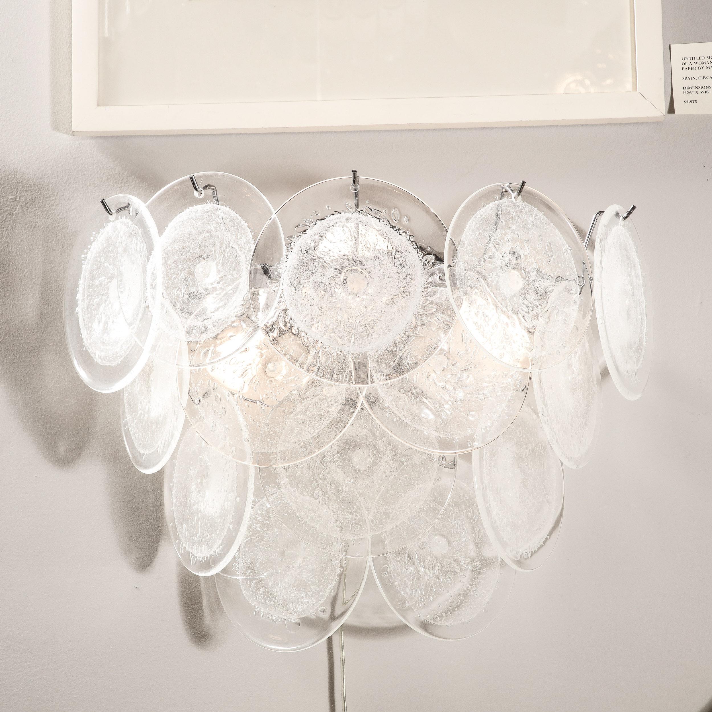 Moderno Coppia di lampade moderniste a 14 dischi in vetro trasparente di Murano soffiato a mano in vendita