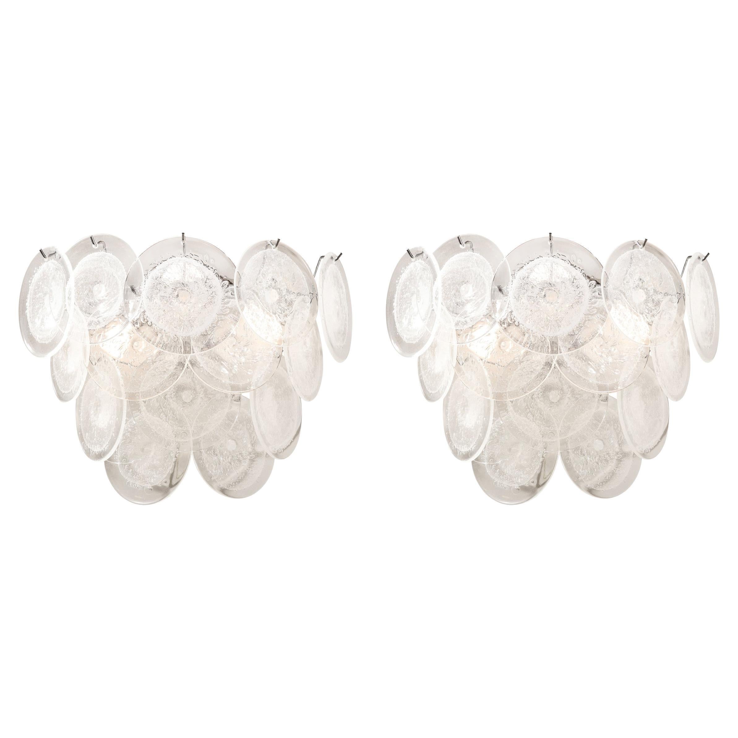 Pair of Modernist 14-Disc Sconces in Hand-Blown Murano Transparent Glass