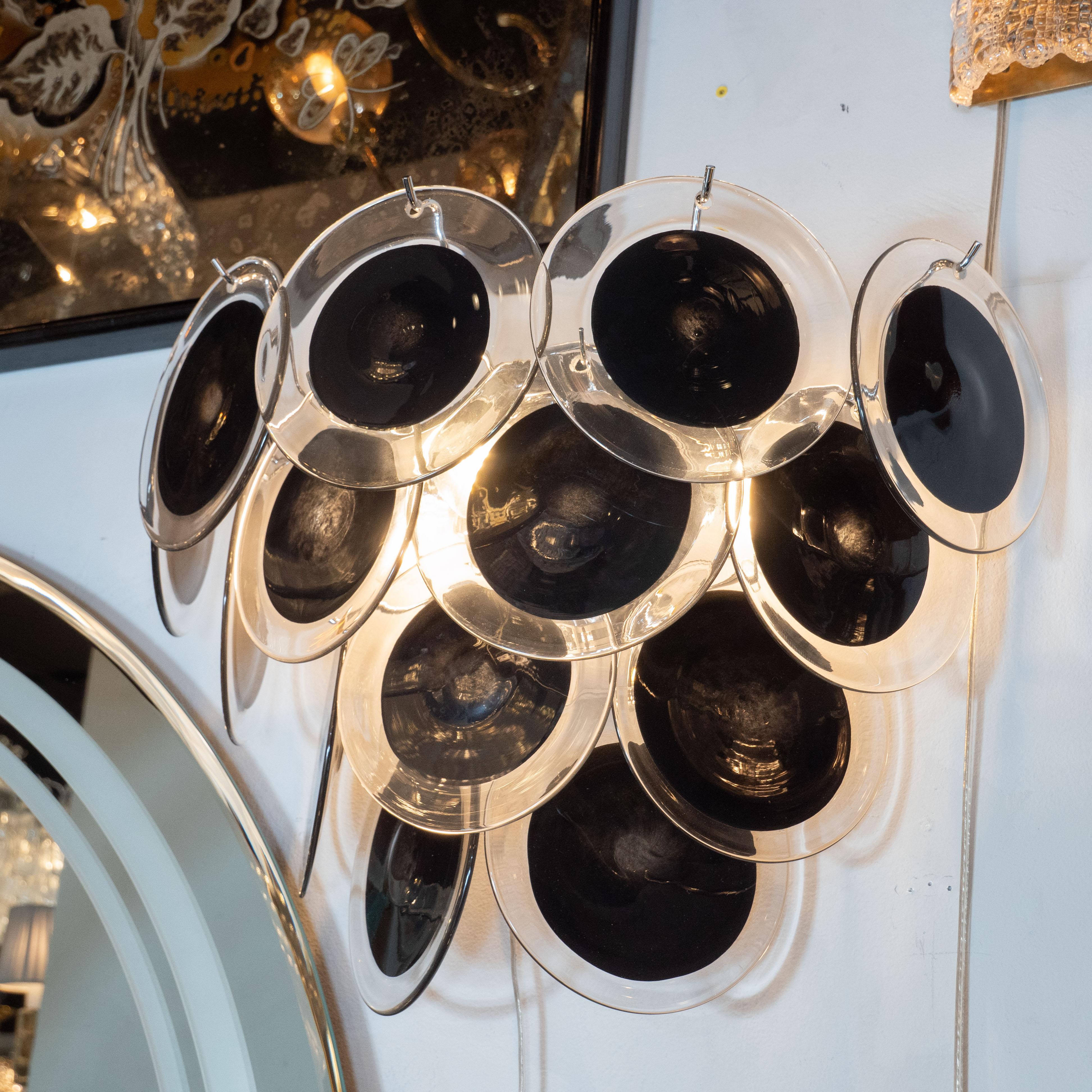 Pair of Modernist 14-Disc Sconces in Handblown Murano Black & Translucent Glass In Excellent Condition For Sale In New York, NY