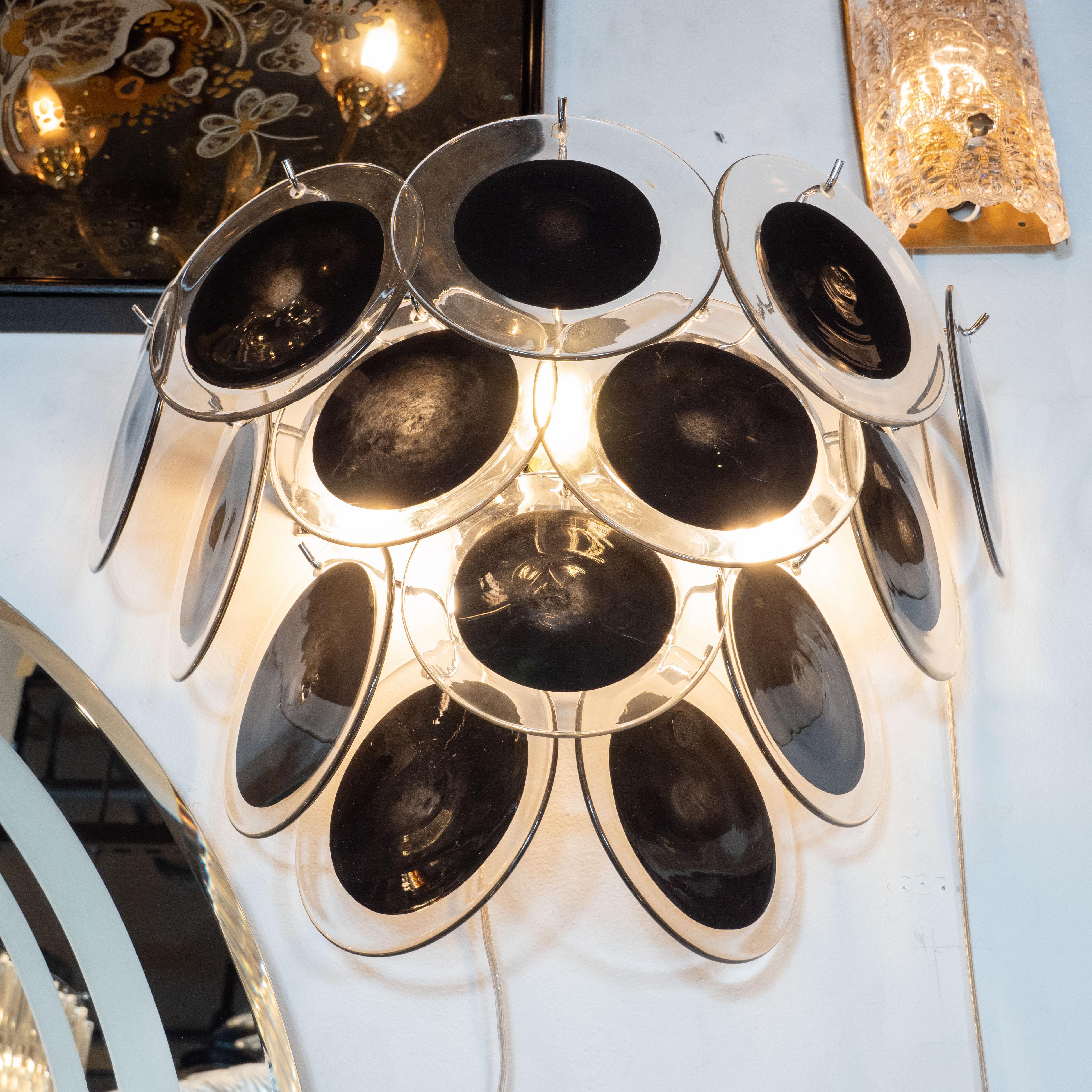 Contemporary Pair of Modernist 14-Disc Sconces in Handblown Murano Black & Translucent Glass For Sale