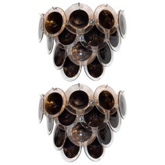 Pair of Modernist 14-Disc Sconces in Handblown Murano Black & Translucent Glass