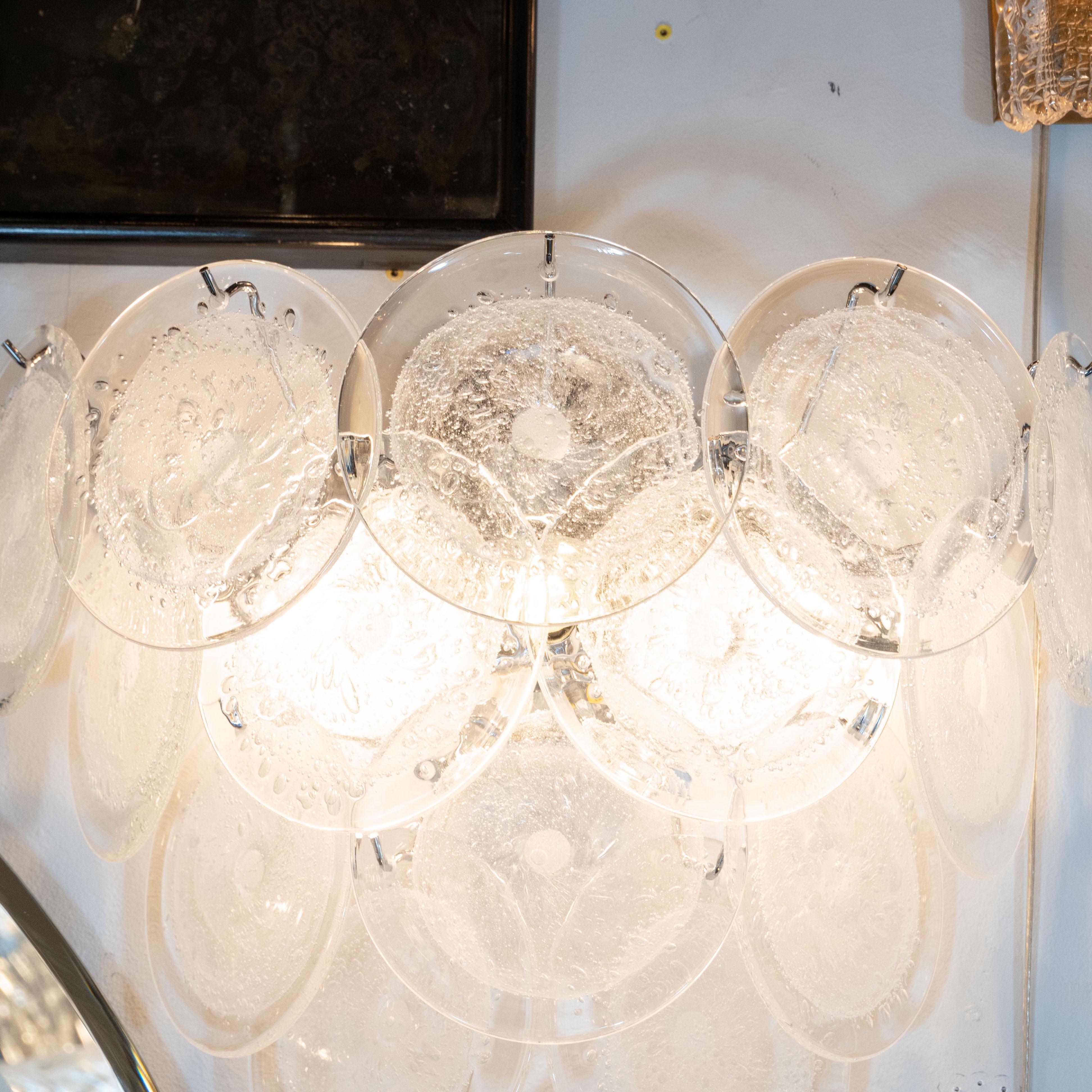 Moderno Coppia di lampade moderniste a 14 dischi in vetro trasparente di Murano soffiato a mano in vendita