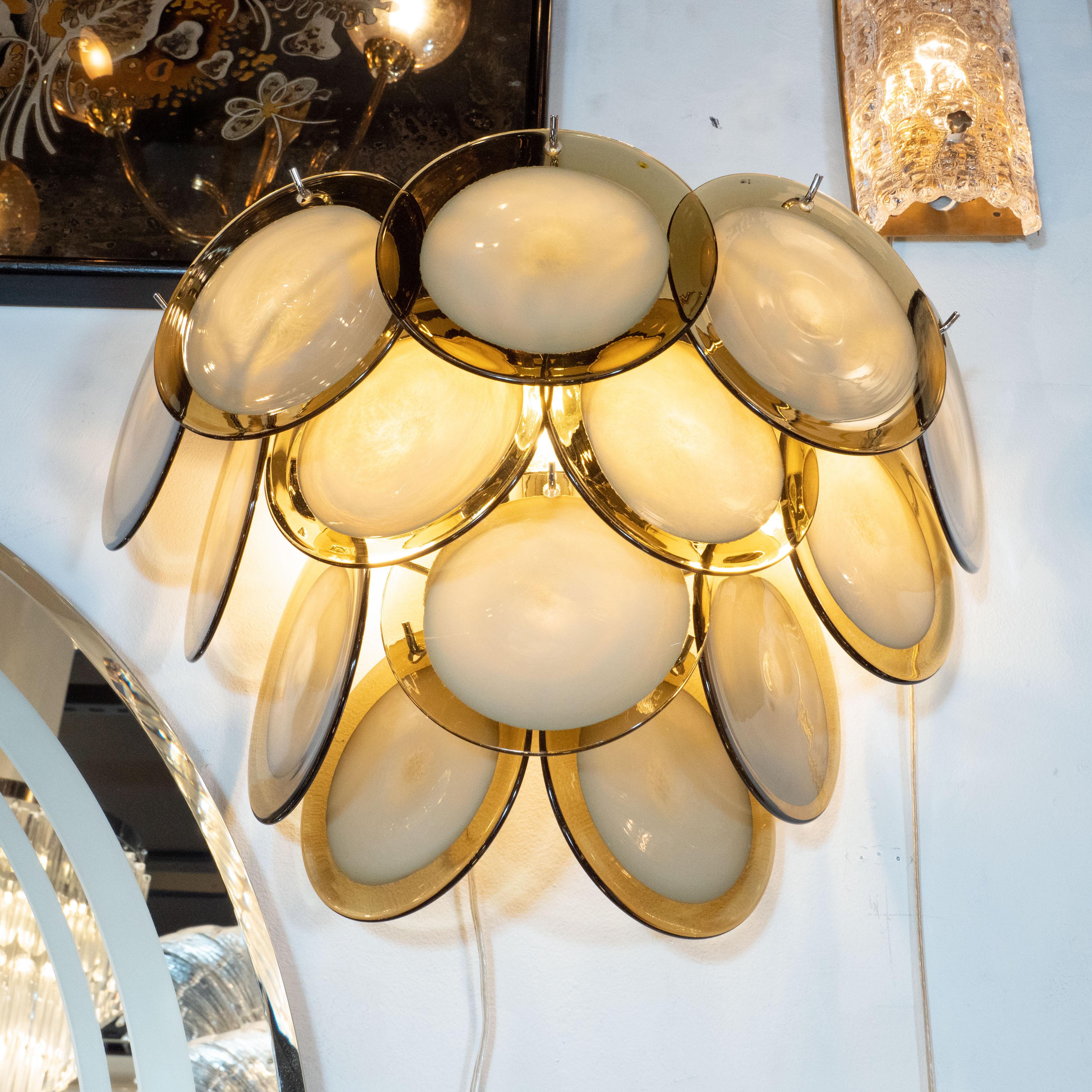 Contemporary Pair of Modernist 14-Disc Sconces in Handblown Murano Topaz & Translucent Glass For Sale