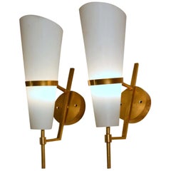 Pair of Italian Wall Sconces in Brass and Opaline Glass Stilnovo  1950's