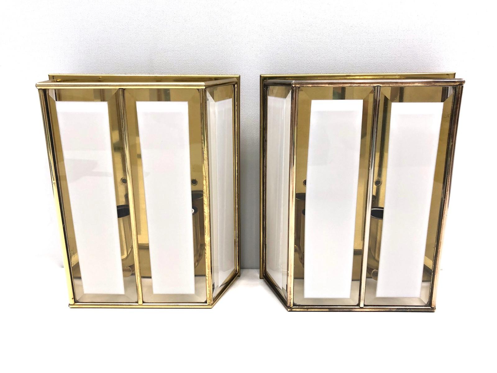 Mid-Century Modern Pair of Modernist 1970s German Brass and Glass Wall Lights