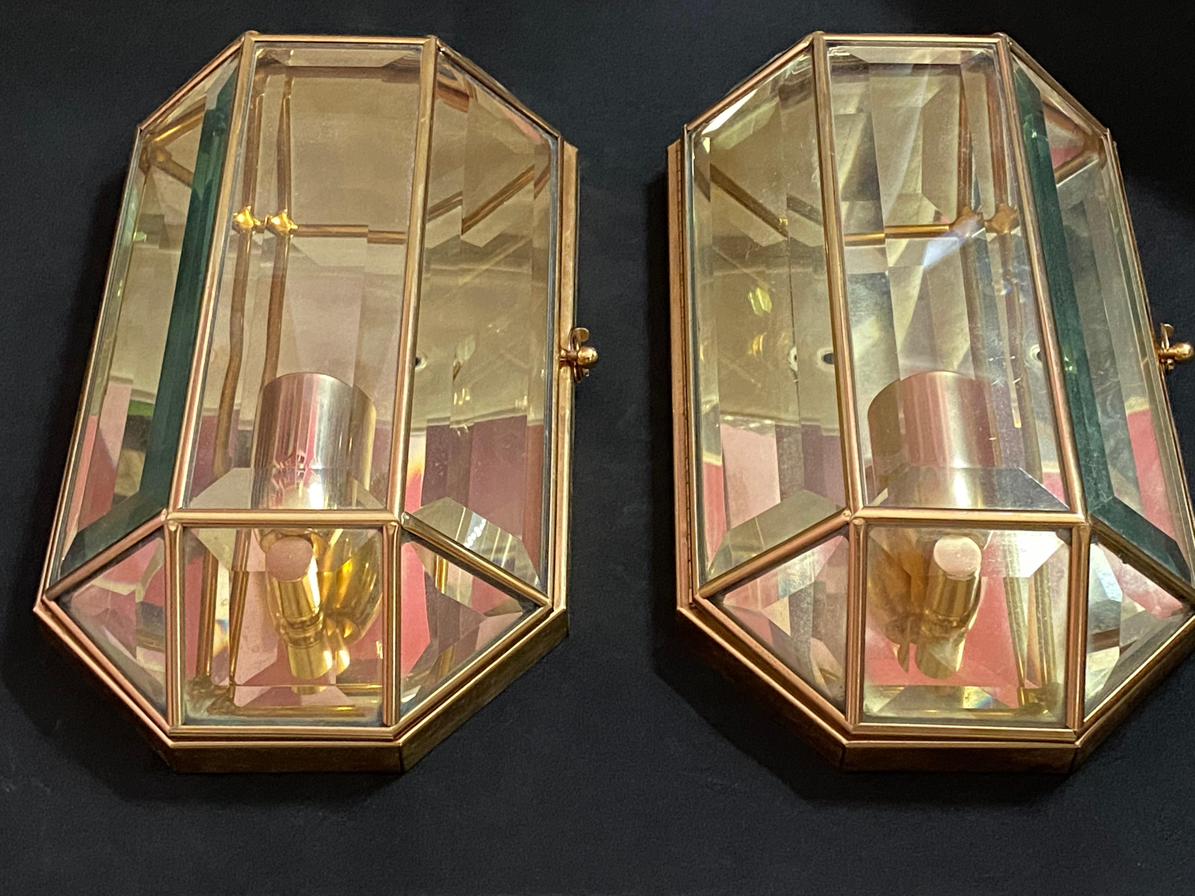 Pair of Modernist 1970s German Octagonal Brass and Glass Wall Lights 7