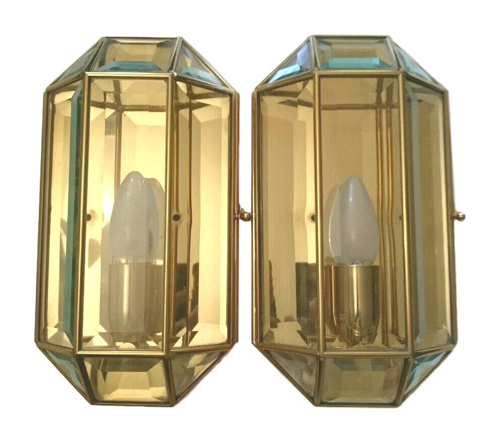 Pair of Modernist 1970s German Octagonal Brass and Glass Wall Lights 1