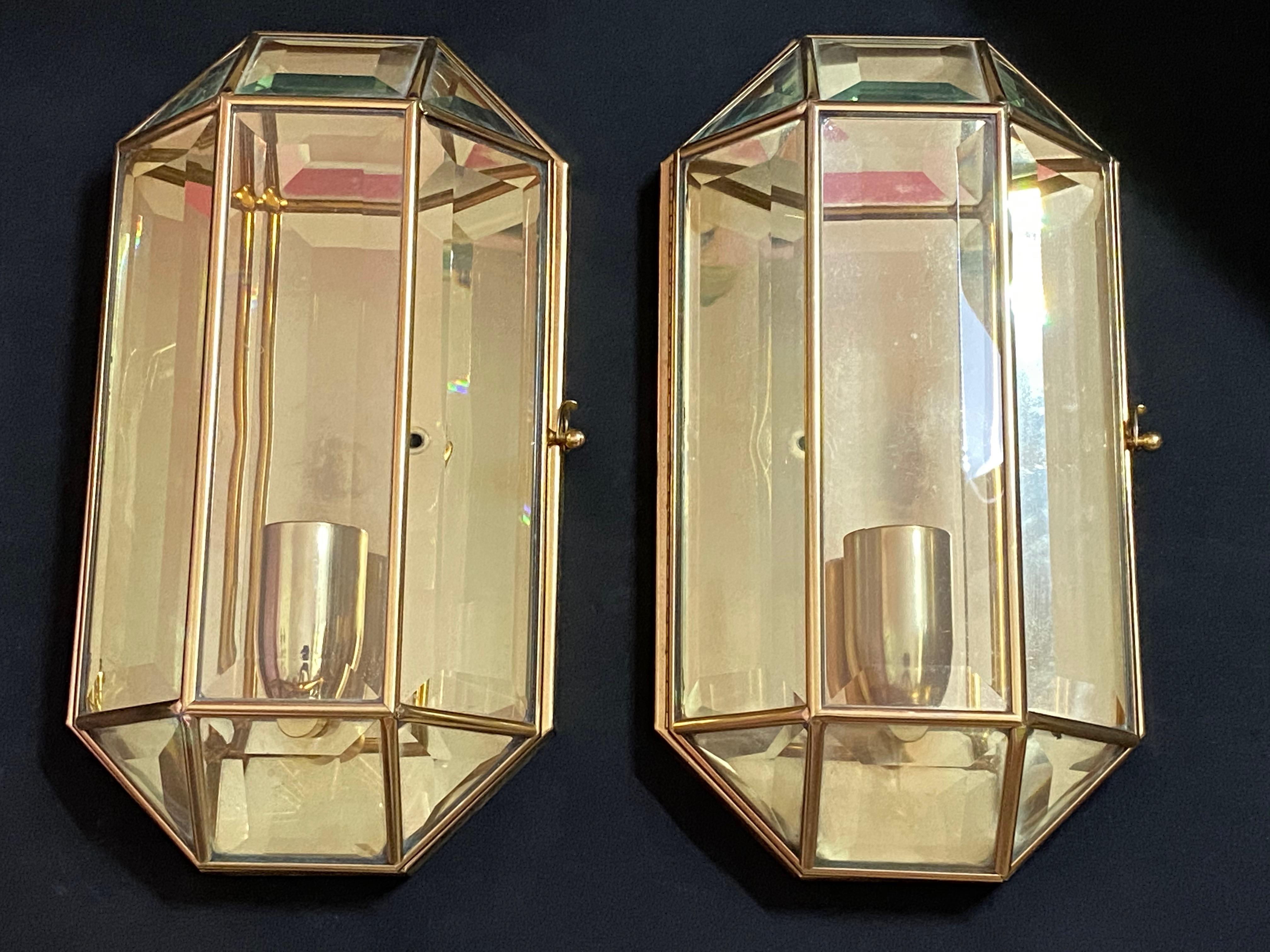 Pair of Modernist 1970s German Octagonal Brass and Glass Wall Lights 2