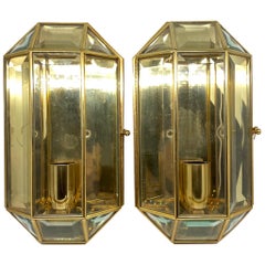 Pair of Modernist 1970s German Octagonal Brass and Glass Wall Lights