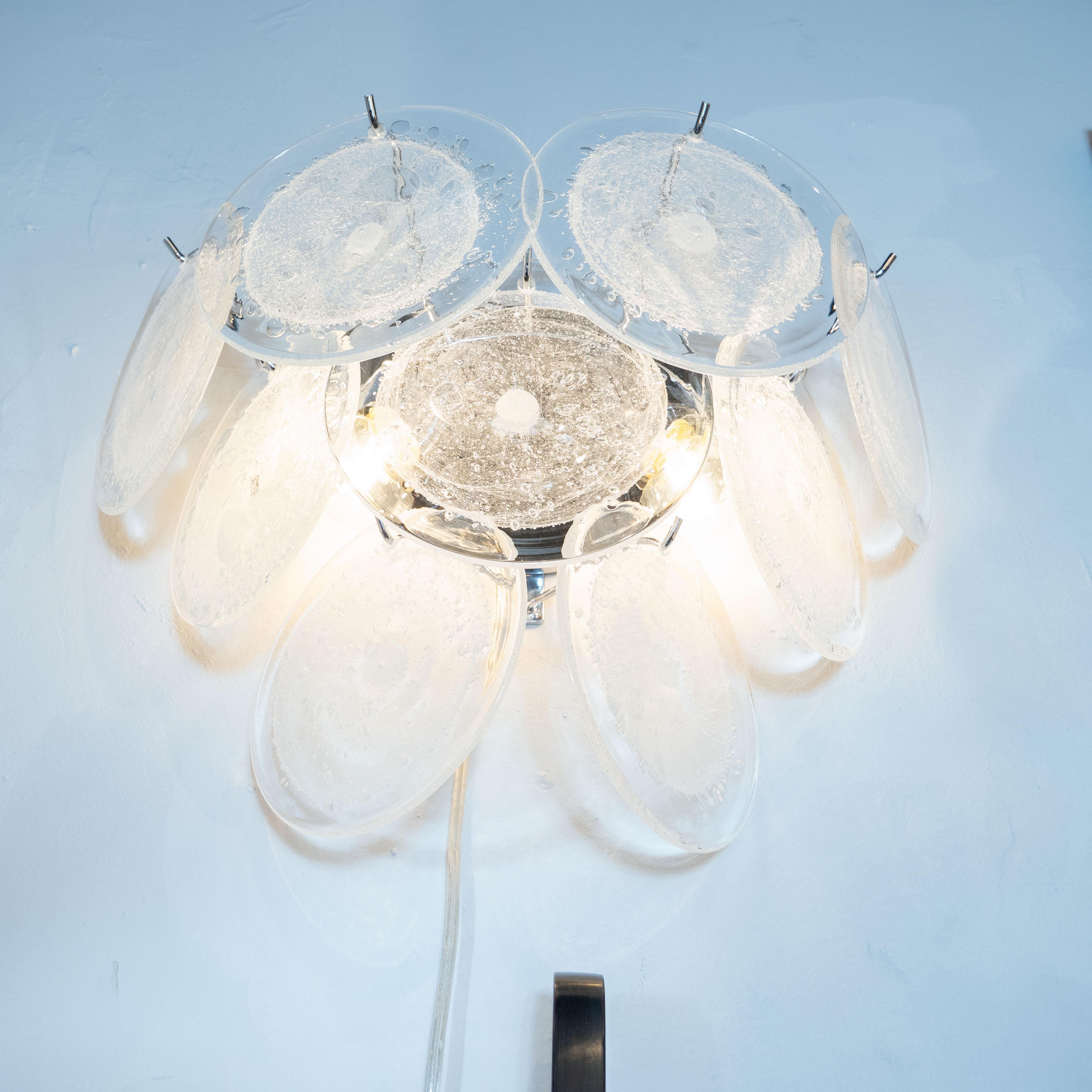 Contemporary Pair of Modernist 9-Disc Hand Blown Murano Clear and Translucent Glass Sconces
